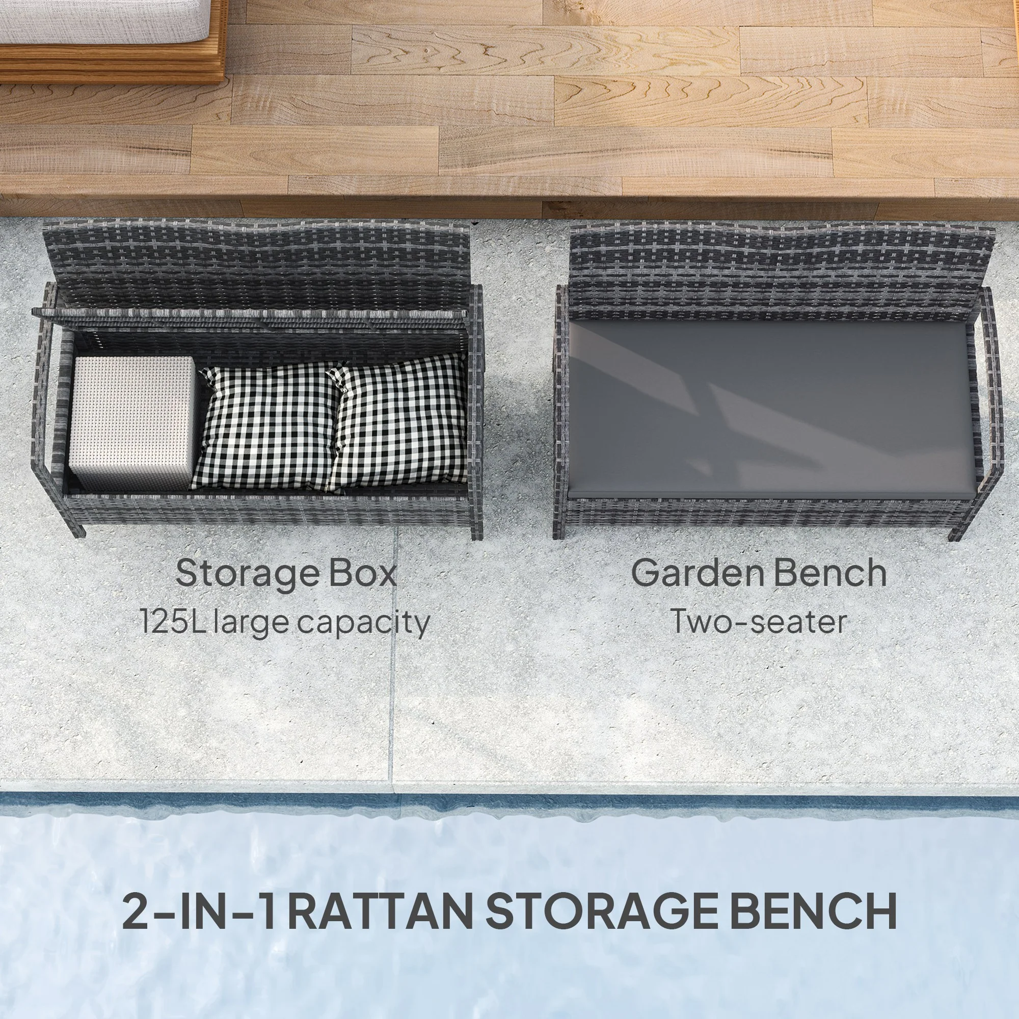 Rattan Garden Bench Loveseat with 125L Capacity Storage & Cushion, for Patio, Grey - Image 6