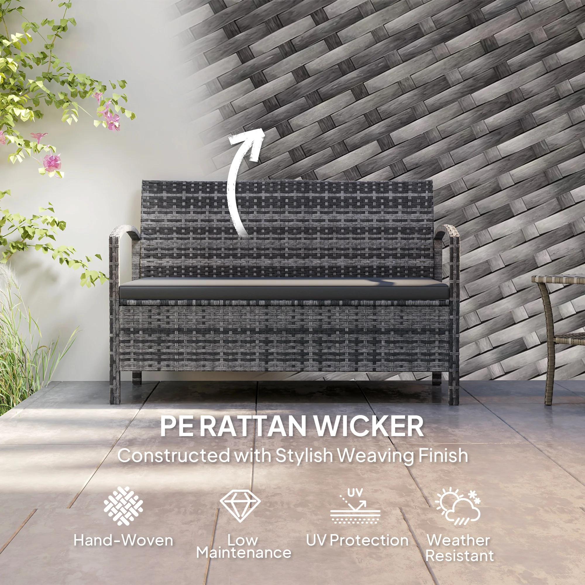 Rattan Garden Bench Loveseat with 125L Capacity Storage & Cushion, for Patio, Grey - Image 7
