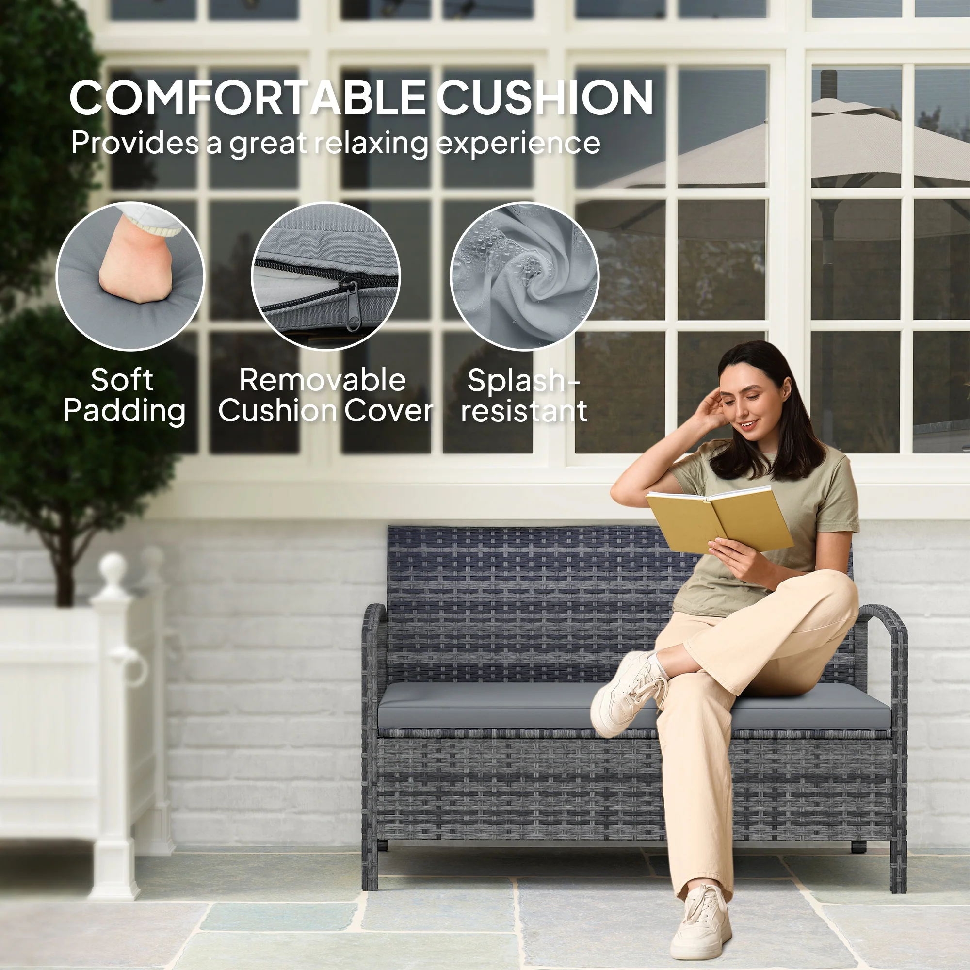 Rattan Garden Bench Loveseat with 125L Capacity Storage & Cushion, for Patio, Grey - Image 8