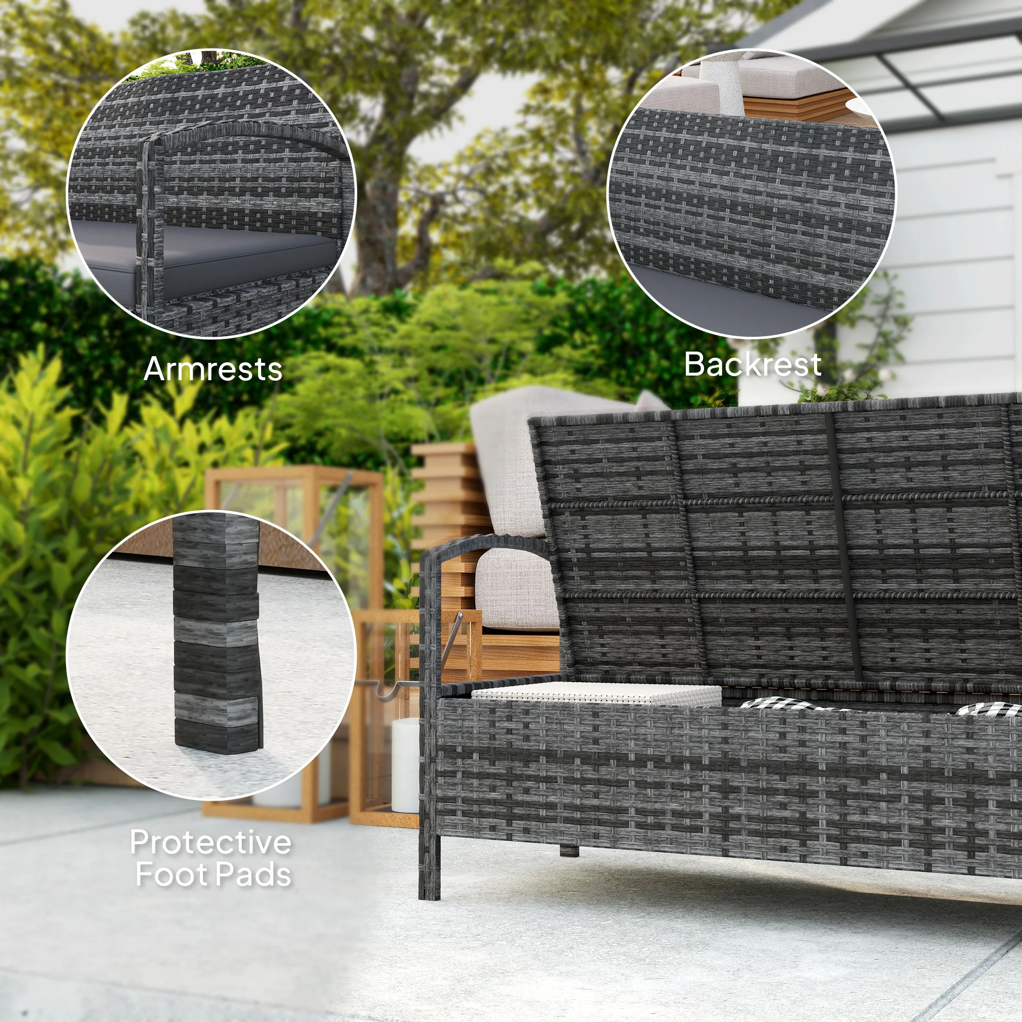 Rattan Garden Bench Loveseat with 125L Capacity Storage & Cushion, for Patio, Grey - Image 9