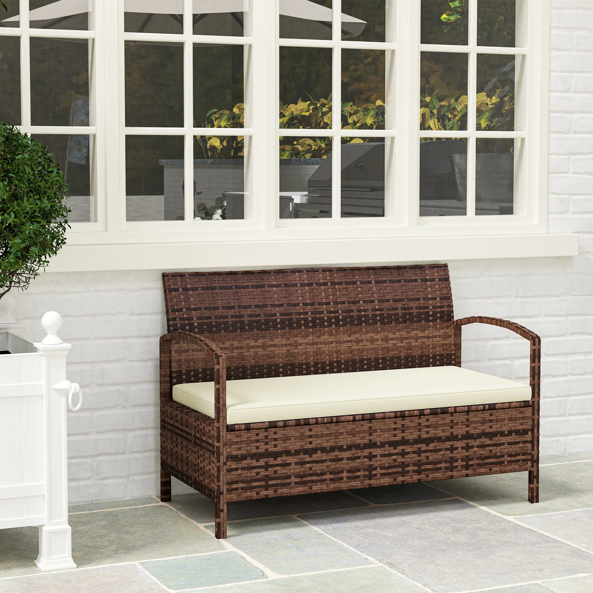 Rattan Garden Bench Loveseat with 125L Capacity Storage & Cushion, for Patio, Brown - Image 10