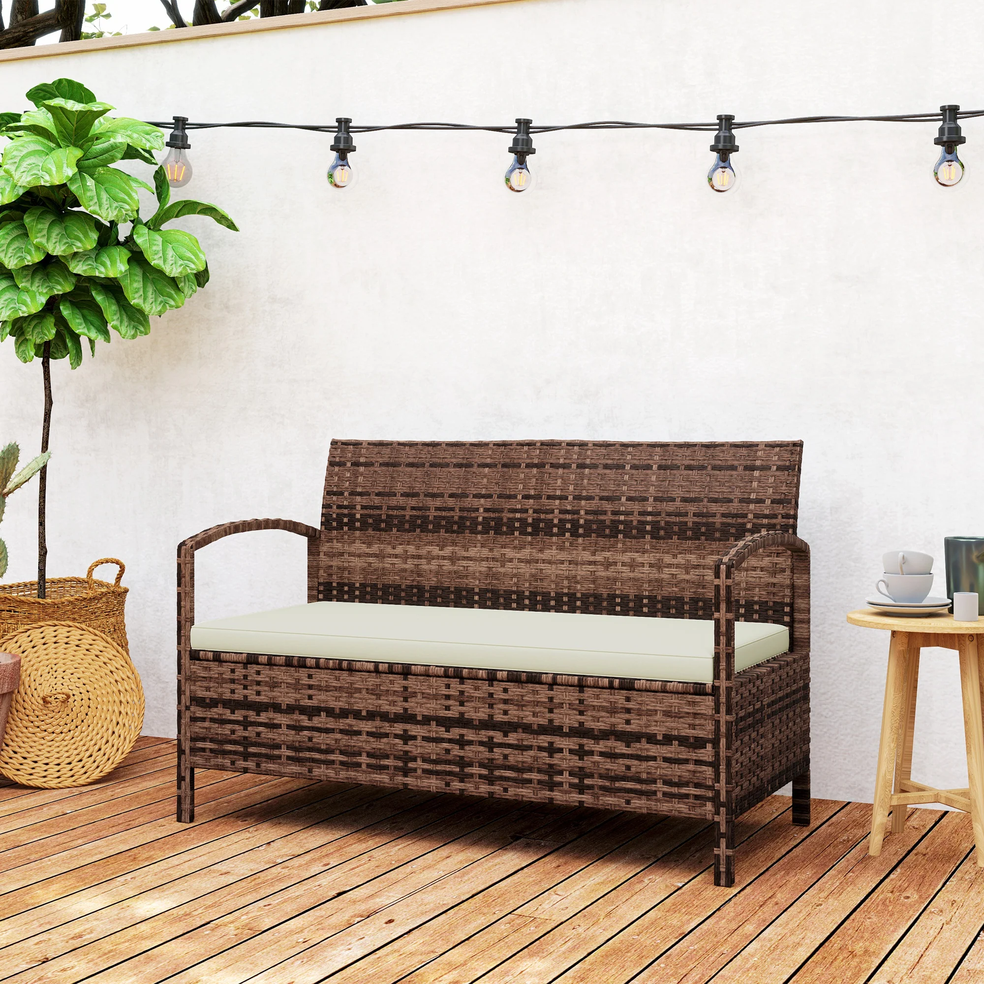 Rattan Garden Bench Loveseat with 125L Capacity Storage & Cushion, for Patio, Brown - Image 11