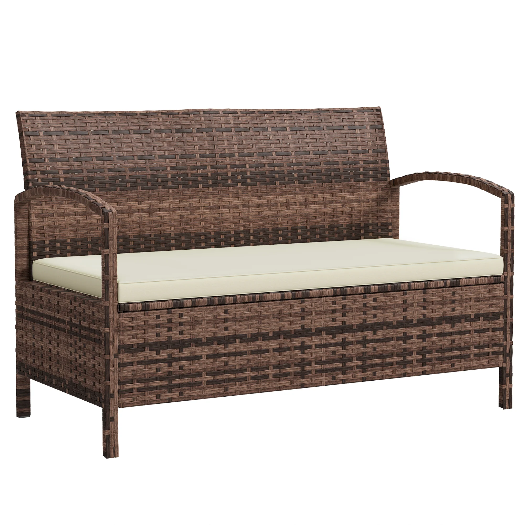 Rattan Garden Bench Loveseat with 125L Capacity Storage & Cushion, for Patio, Brown - Image 12