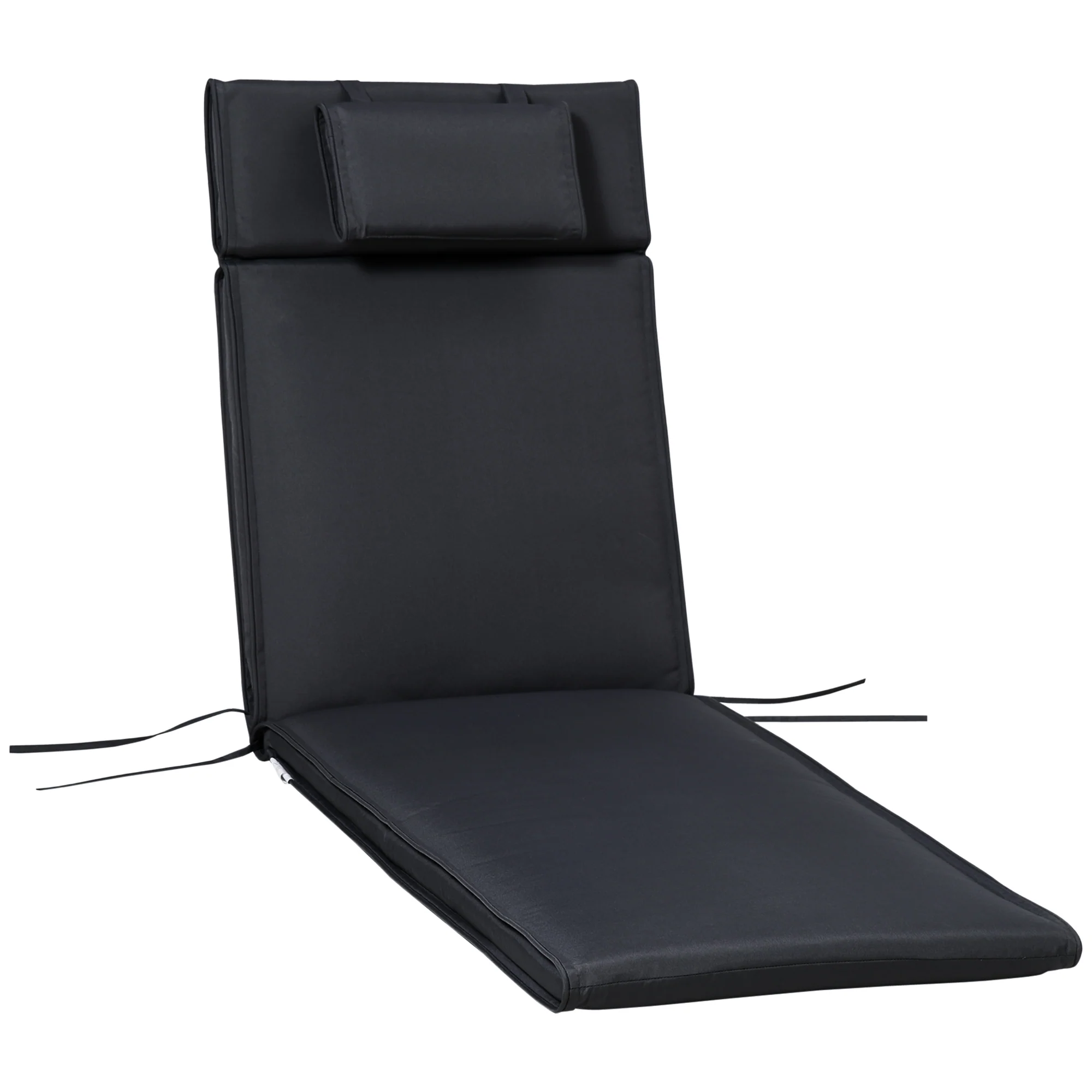 Garden Sun Lounger Cushion Replacement, Sunbed Reclining Chair Pad w/ Pillow, Black - Image 2