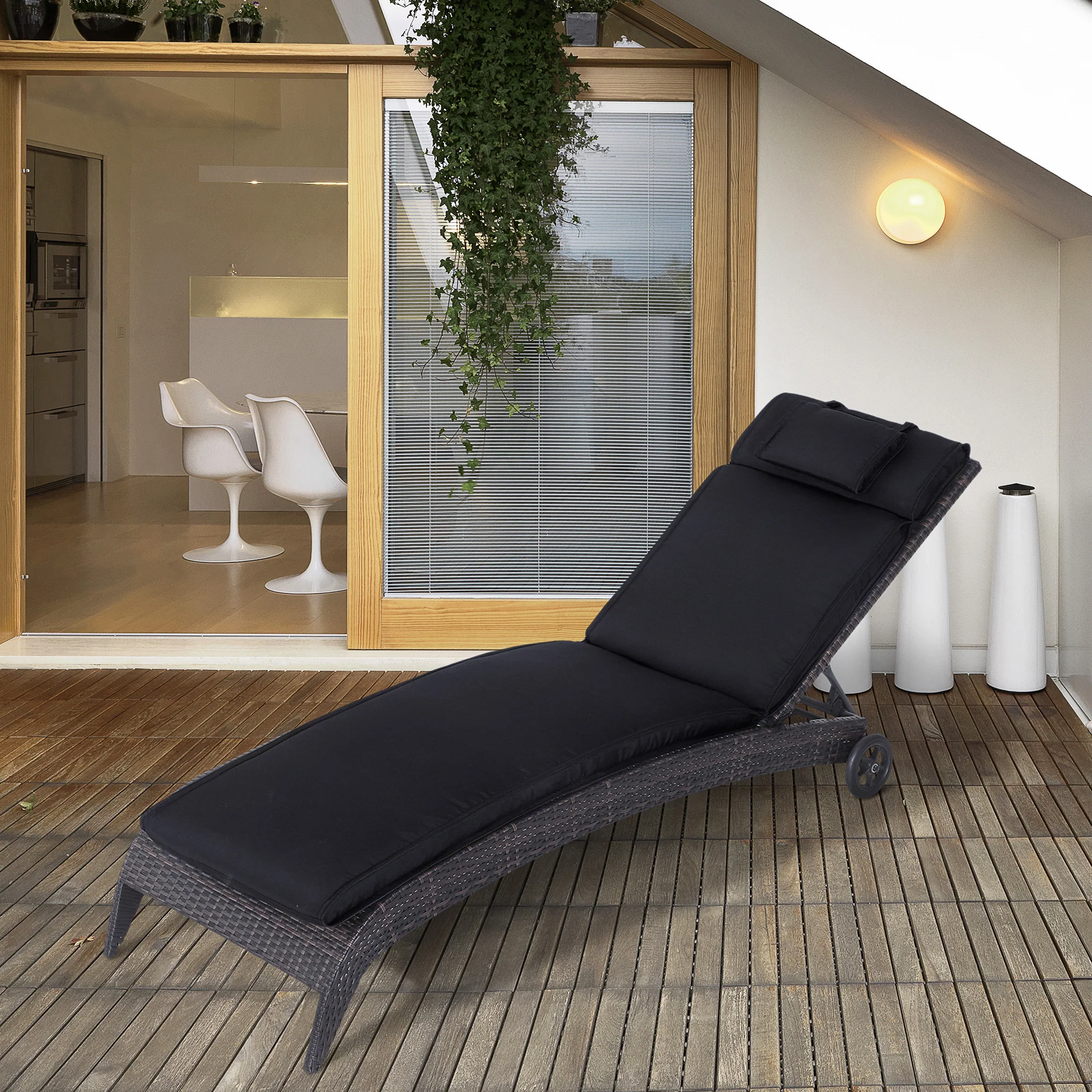Garden Sun Lounger Cushion Replacement, Sunbed Reclining Chair Pad w/ Pillow, Black - Image 3