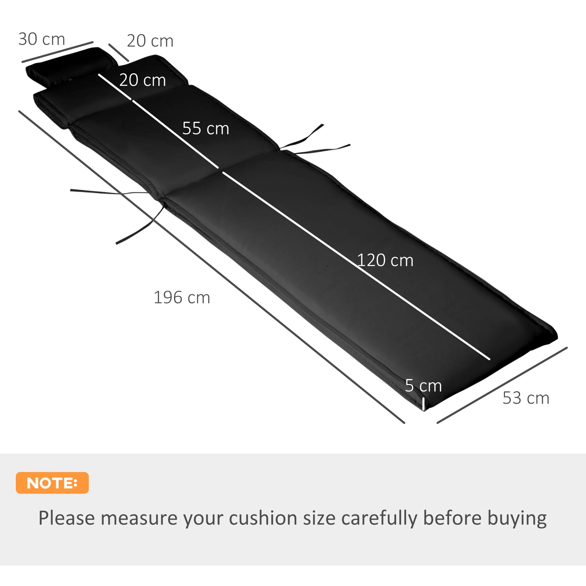 Garden Sun Lounger Cushion Replacement, Sunbed Reclining Chair Pad w/ Pillow, Black - Image 5