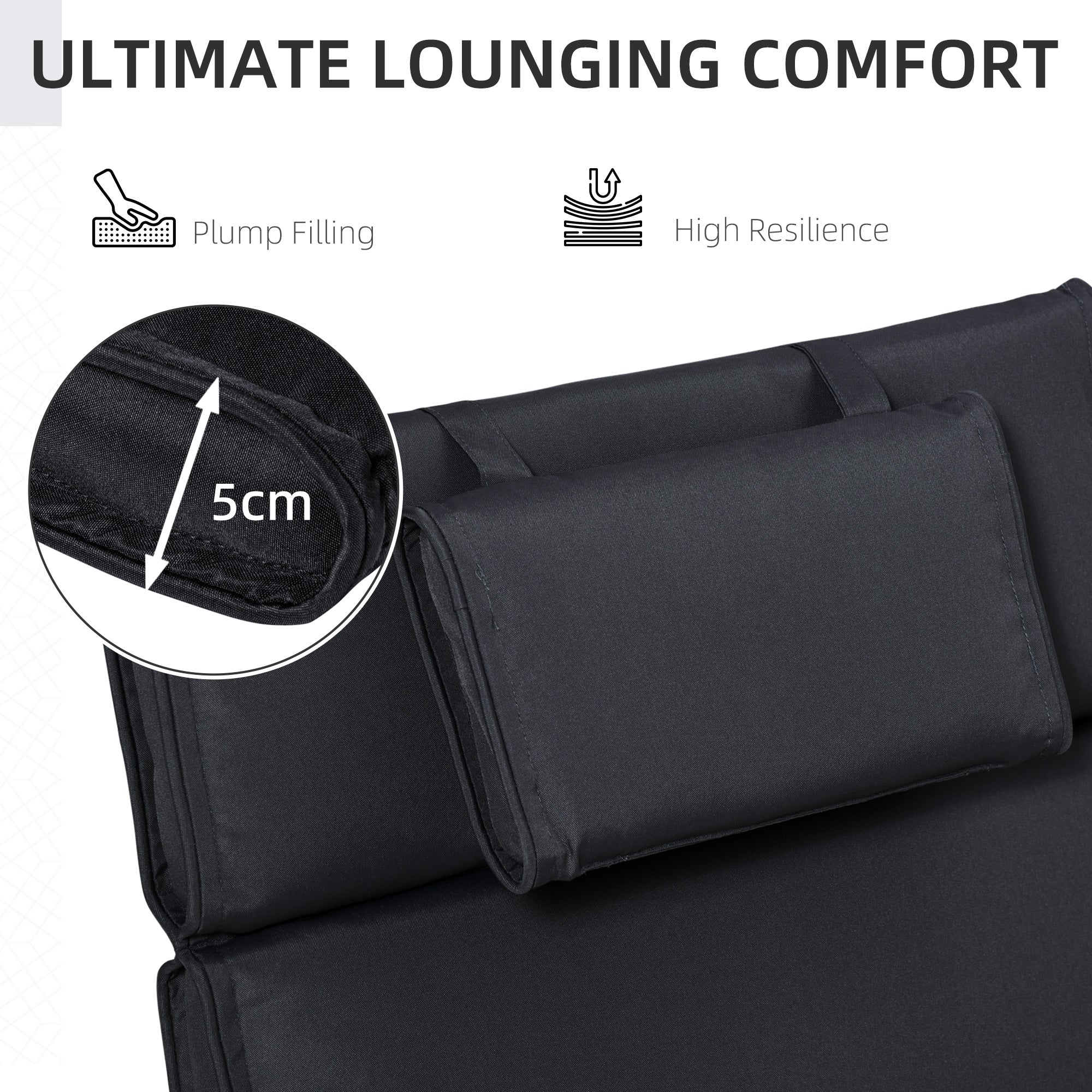 Garden Sun Lounger Cushion Replacement, Sunbed Reclining Chair Pad w/ Pillow, Black - Image 6