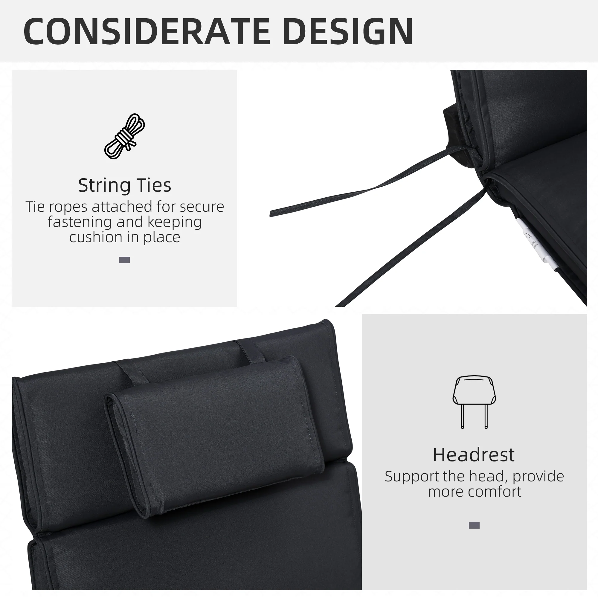 Garden Sun Lounger Cushion Replacement, Sunbed Reclining Chair Pad w/ Pillow, Black - Image 7