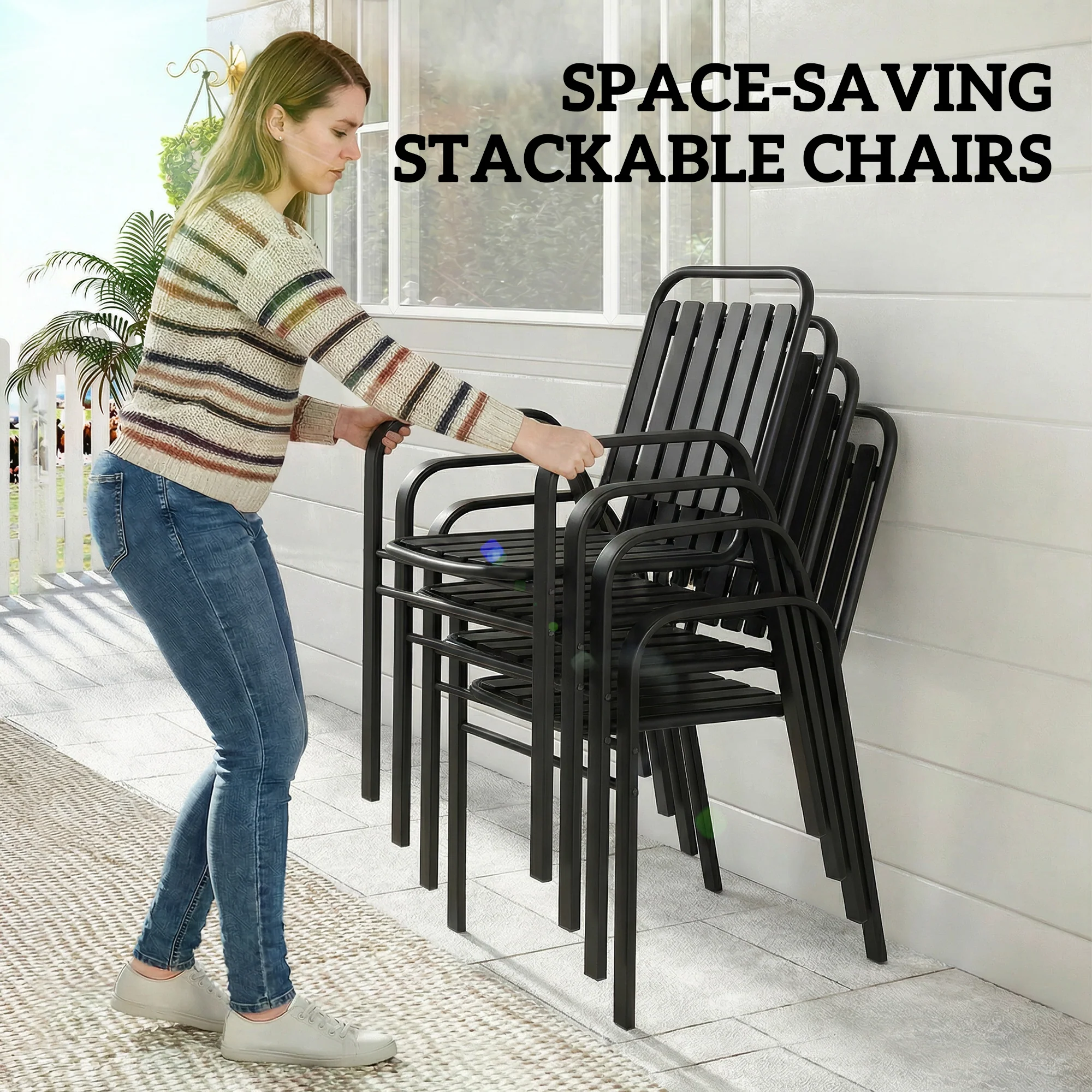 7 Piece Garden Dining Set with Stackable Chairs and Umbrella Hole, Black - Image 10