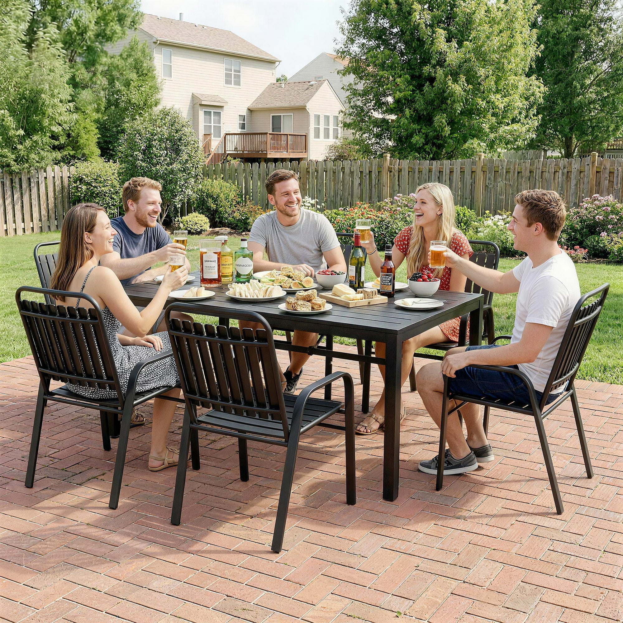 7 Piece Garden Dining Set with Stackable Chairs and Umbrella Hole, Black - Image 11