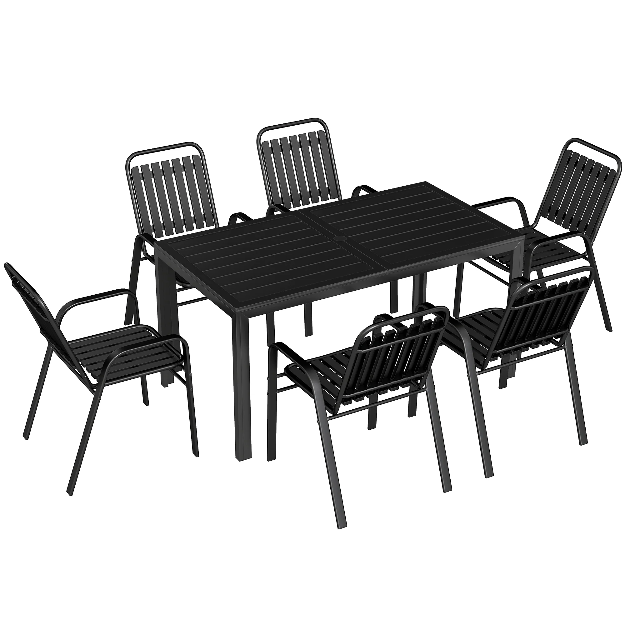 7 Piece Garden Dining Set with Stackable Chairs and Umbrella Hole, Black - Image 12