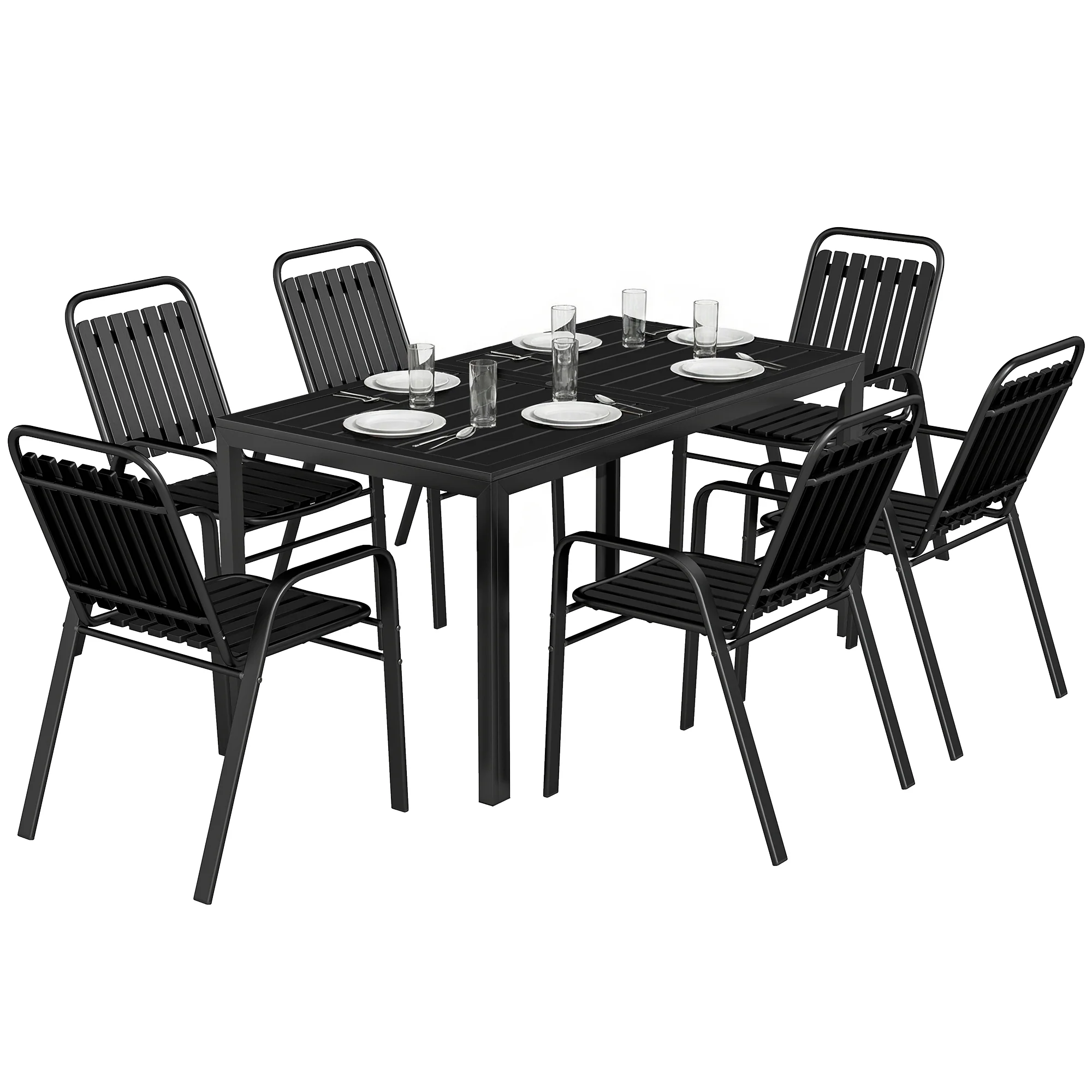 7 Piece Garden Dining Set with Stackable Chairs and Umbrella Hole, Black - Image 2
