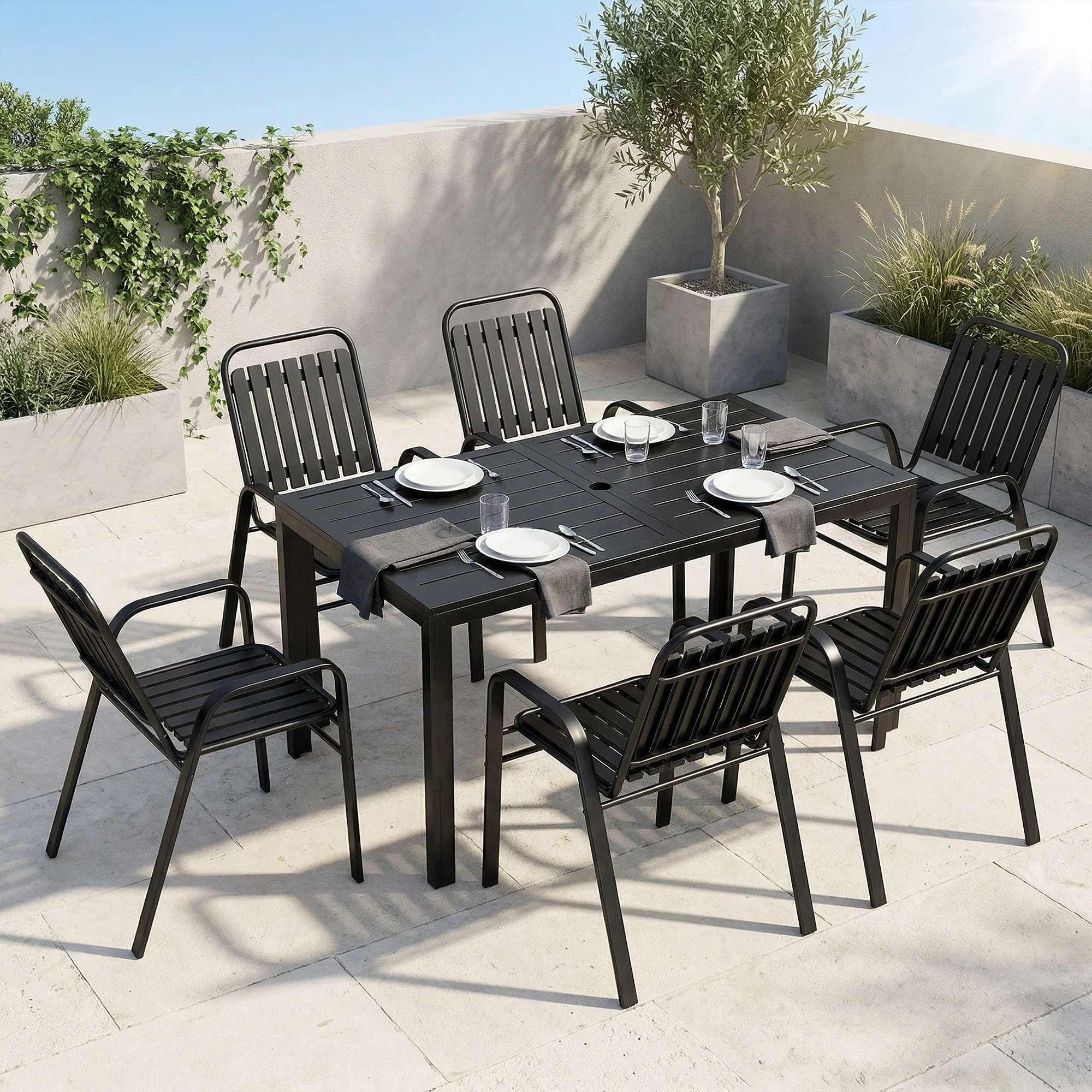 7 Piece Garden Dining Set with Stackable Chairs and Umbrella Hole, Black - Image 3