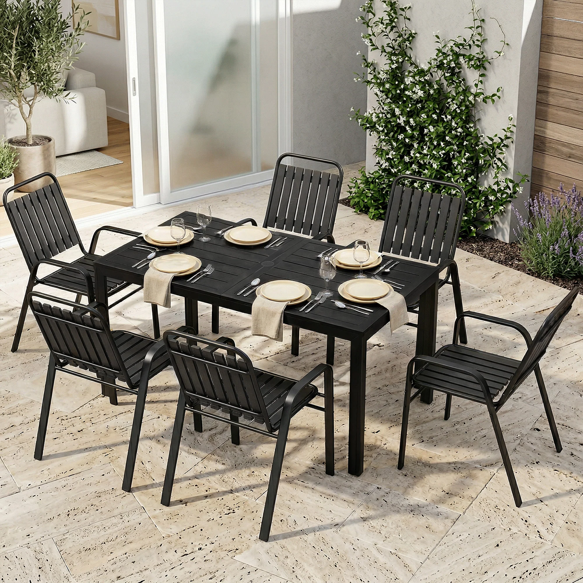 7 Piece Garden Dining Set with Stackable Chairs and Umbrella Hole, Black - Image 4