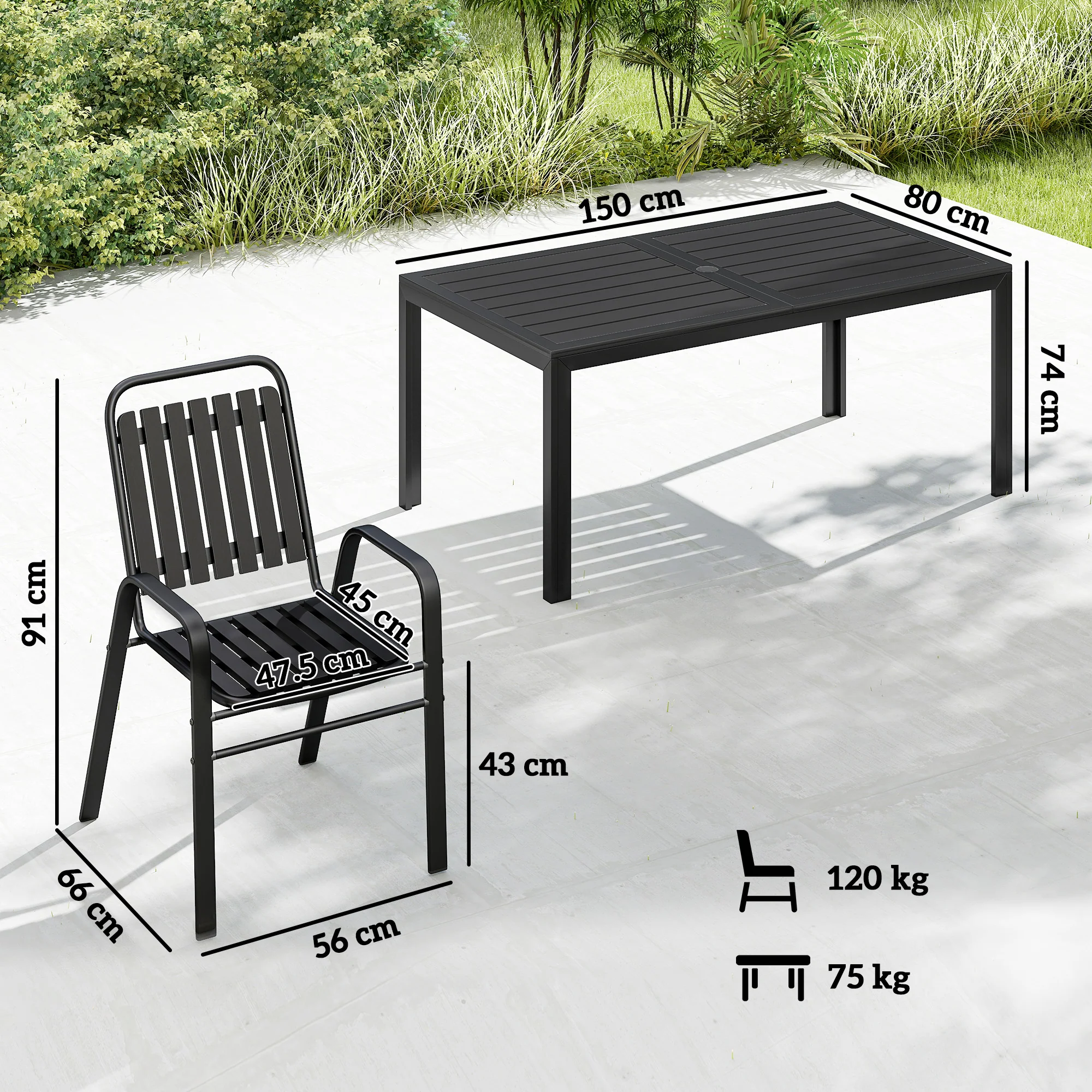 7 Piece Garden Dining Set with Stackable Chairs and Umbrella Hole, Black - Image 5
