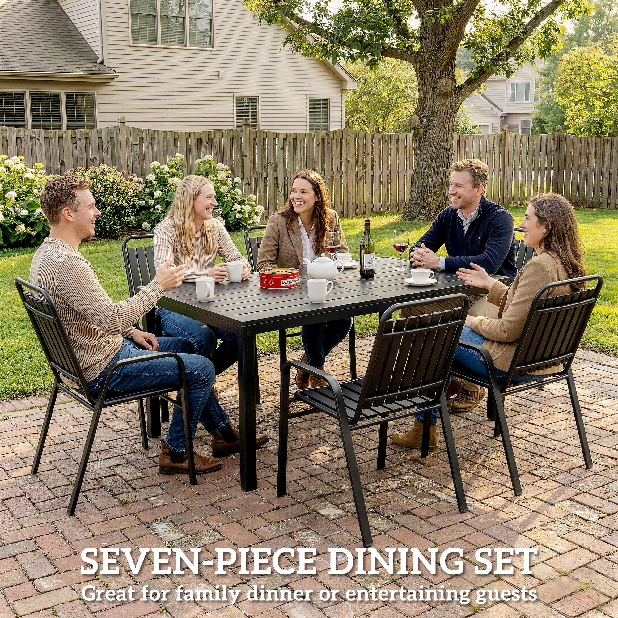 7 Piece Garden Dining Set with Stackable Chairs and Umbrella Hole, Black - Image 6