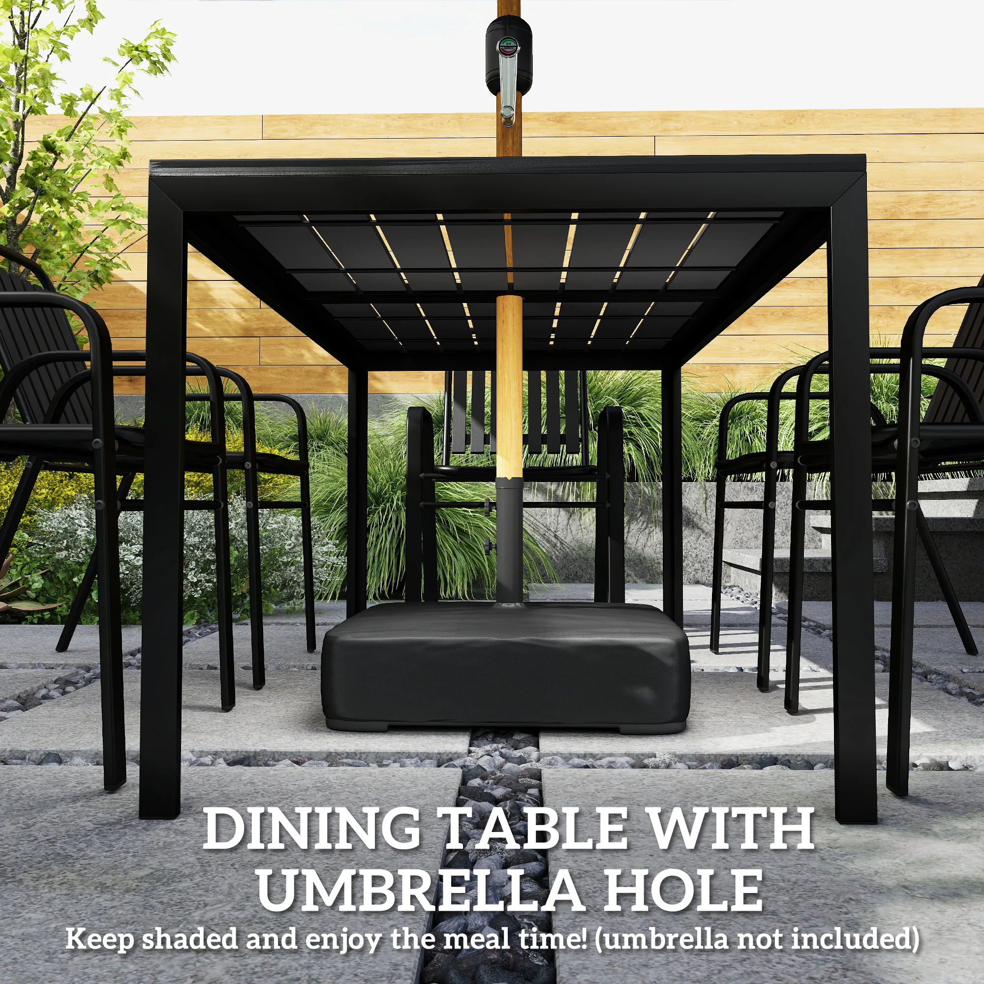 7 Piece Garden Dining Set with Stackable Chairs and Umbrella Hole, Black - Image 7