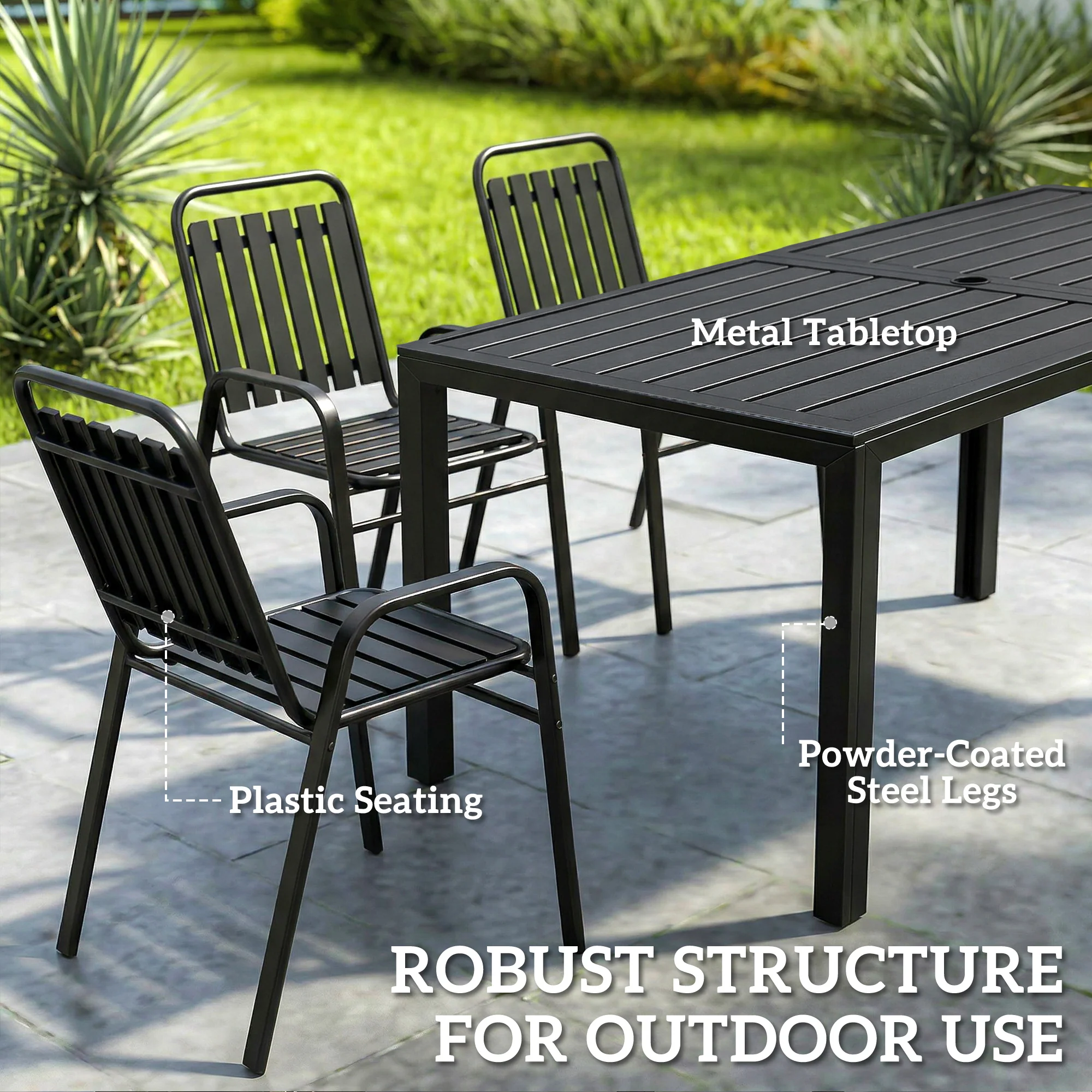7 Piece Garden Dining Set with Stackable Chairs and Umbrella Hole, Black - Image 9