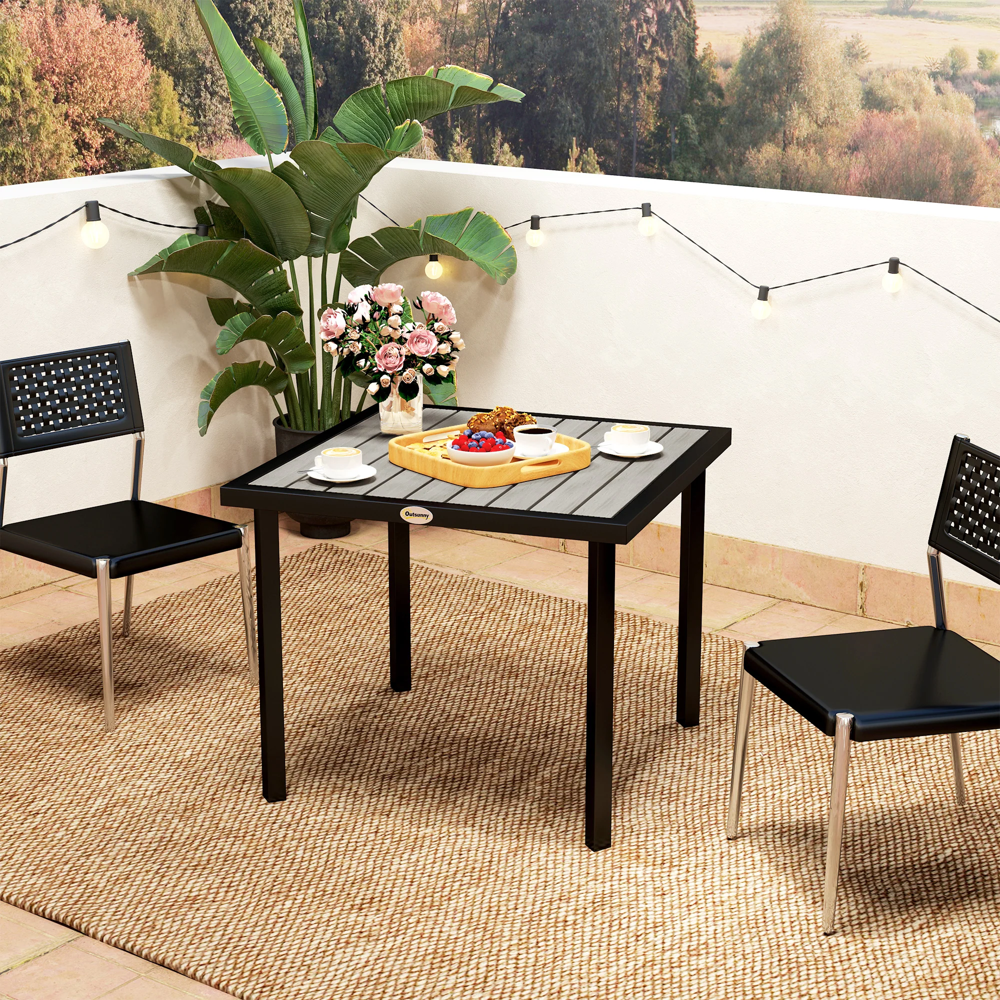 Garden Table for 4 Person, Square 86 x 86 x 71cm Patio Outdoor Dining Table with 5.4cm Parasol Hole, Easy Clean Slatted Top, Metal Frame, for Balcony, Deck, Light Grey - Image 10