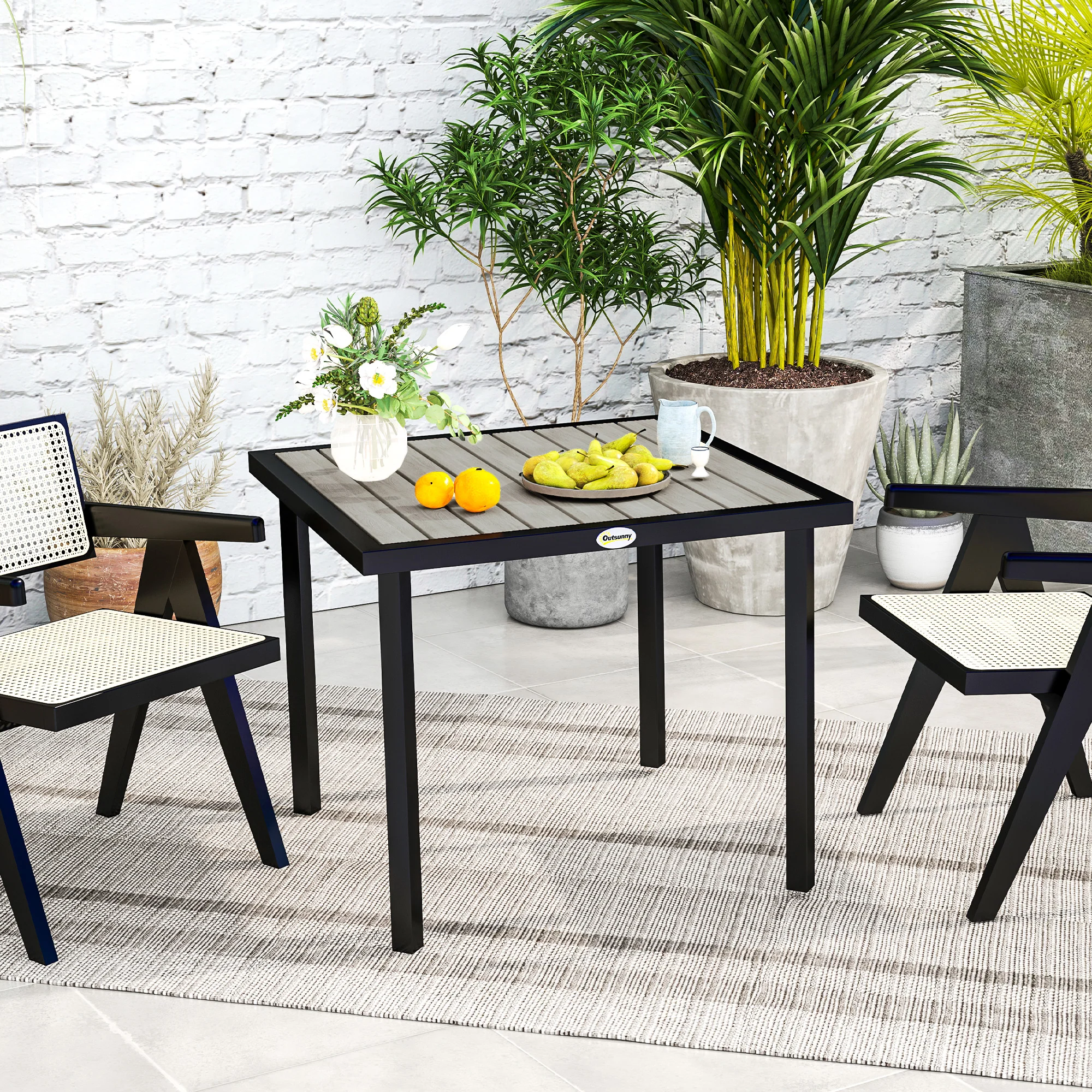 Garden Table for 4 Person, Square 86 x 86 x 71cm Patio Outdoor Dining Table with 5.4cm Parasol Hole, Easy Clean Slatted Top, Metal Frame, for Balcony, Deck, Light Grey - Image 3
