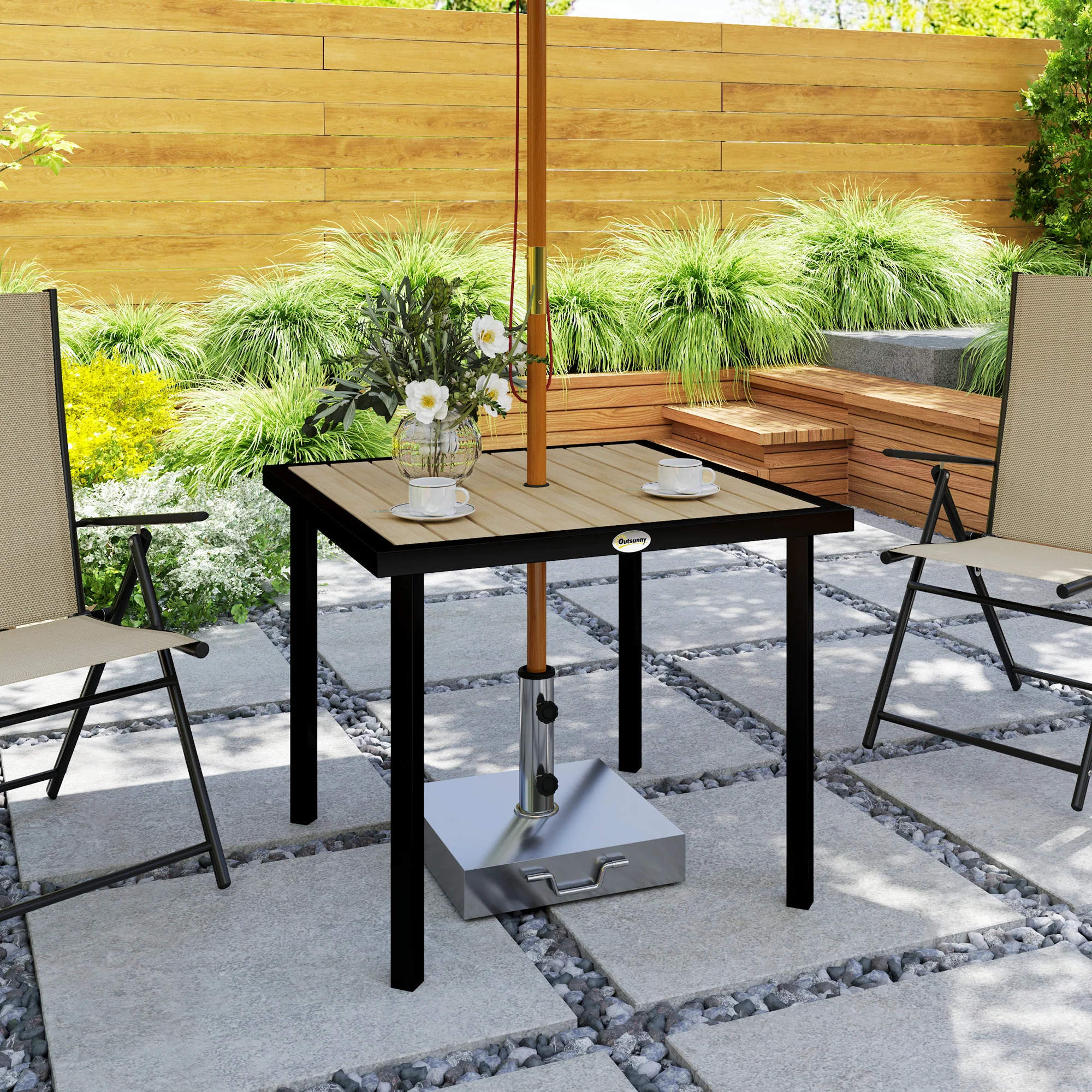 Garden Table for 4 Person, Square 86 x 86 x 71cm Patio Outdoor Dining Table with 5.4cm Parasol Hole, Easy Clean Slatted Top, Metal Frame, for Balcony, Deck, Brown - Image 11