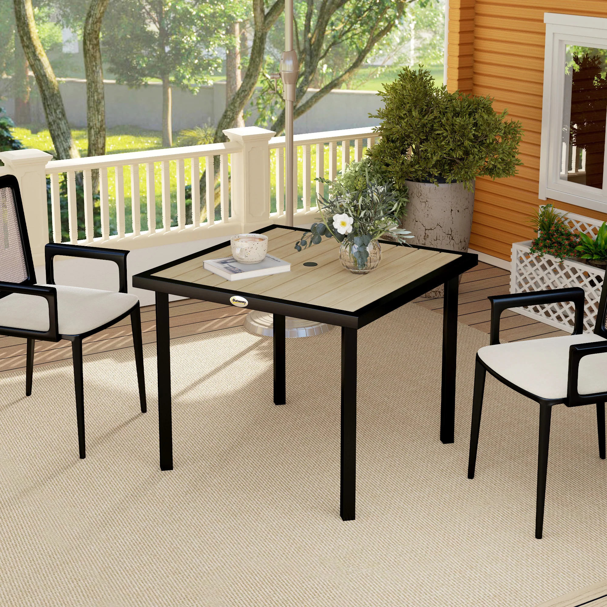 Garden Table for 4 Person, Square 86 x 86 x 71cm Patio Outdoor Dining Table with 5.4cm Parasol Hole, Easy Clean Slatted Top, Metal Frame, for Balcony, Deck, Brown - Image 4