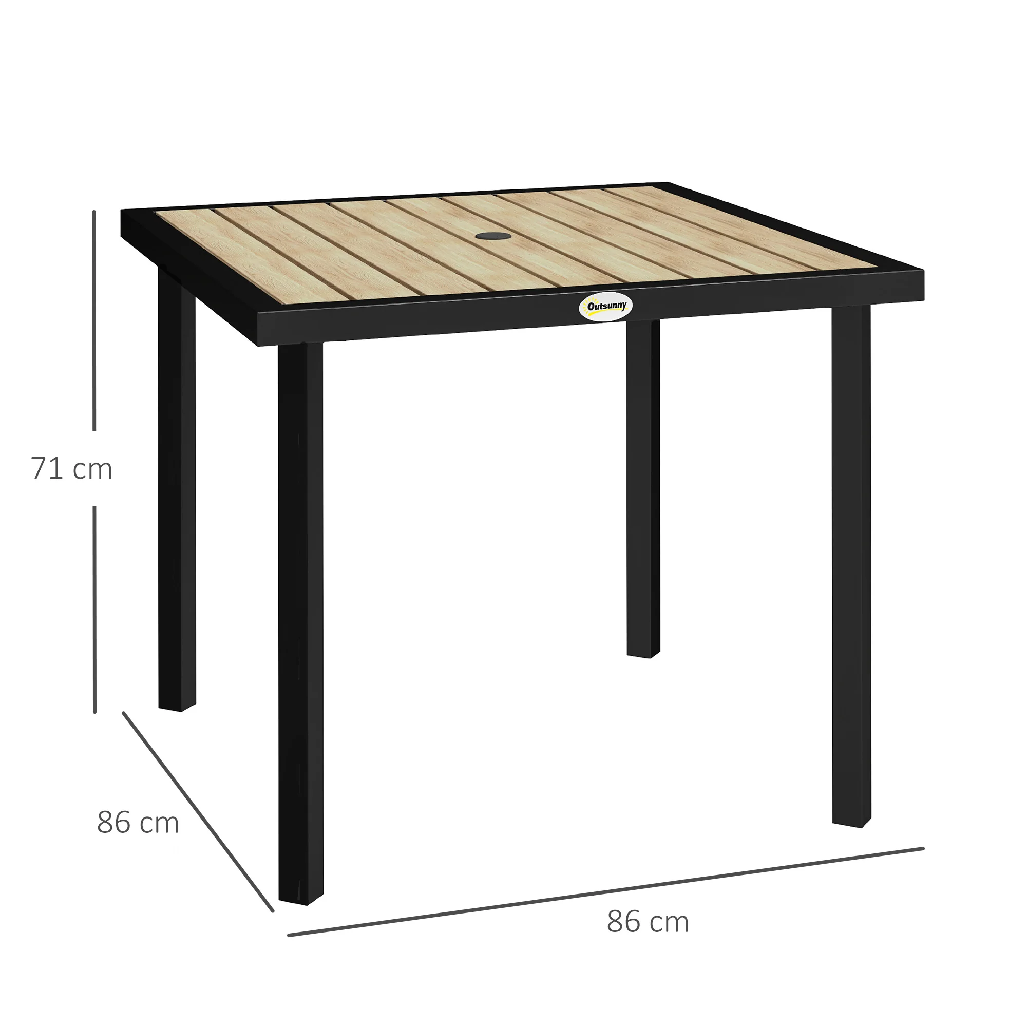 Garden Table for 4 Person, Square 86 x 86 x 71cm Patio Outdoor Dining Table with 5.4cm Parasol Hole, Easy Clean Slatted Top, Metal Frame, for Balcony, Deck, Brown - Image 5