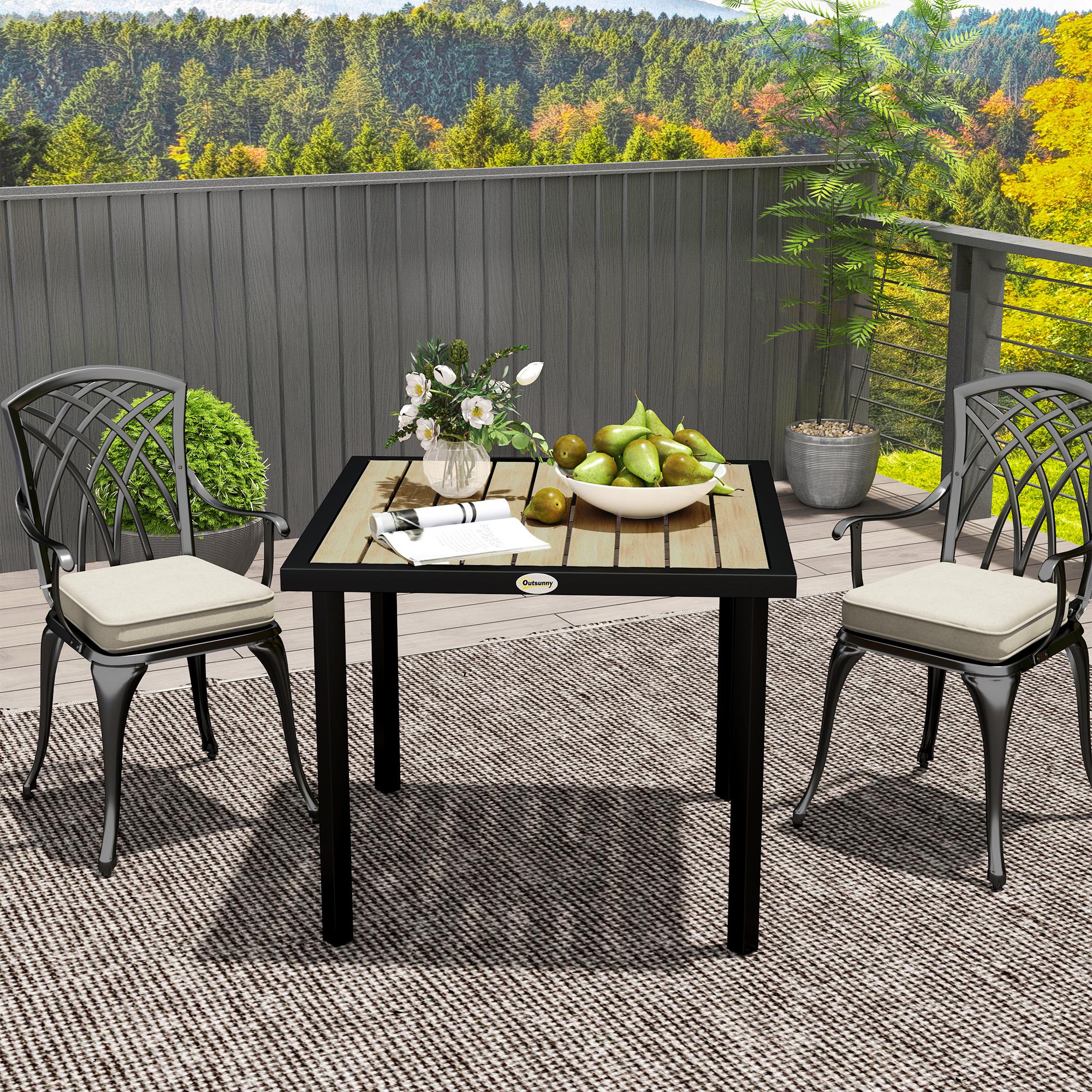 Garden Table for 4 Person, Square 86 x 86 x 71cm Patio Outdoor Dining Table with 5.4cm Parasol Hole, Easy Clean Slatted Top, Metal Frame, for Balcony, Deck, Brown - Image 9