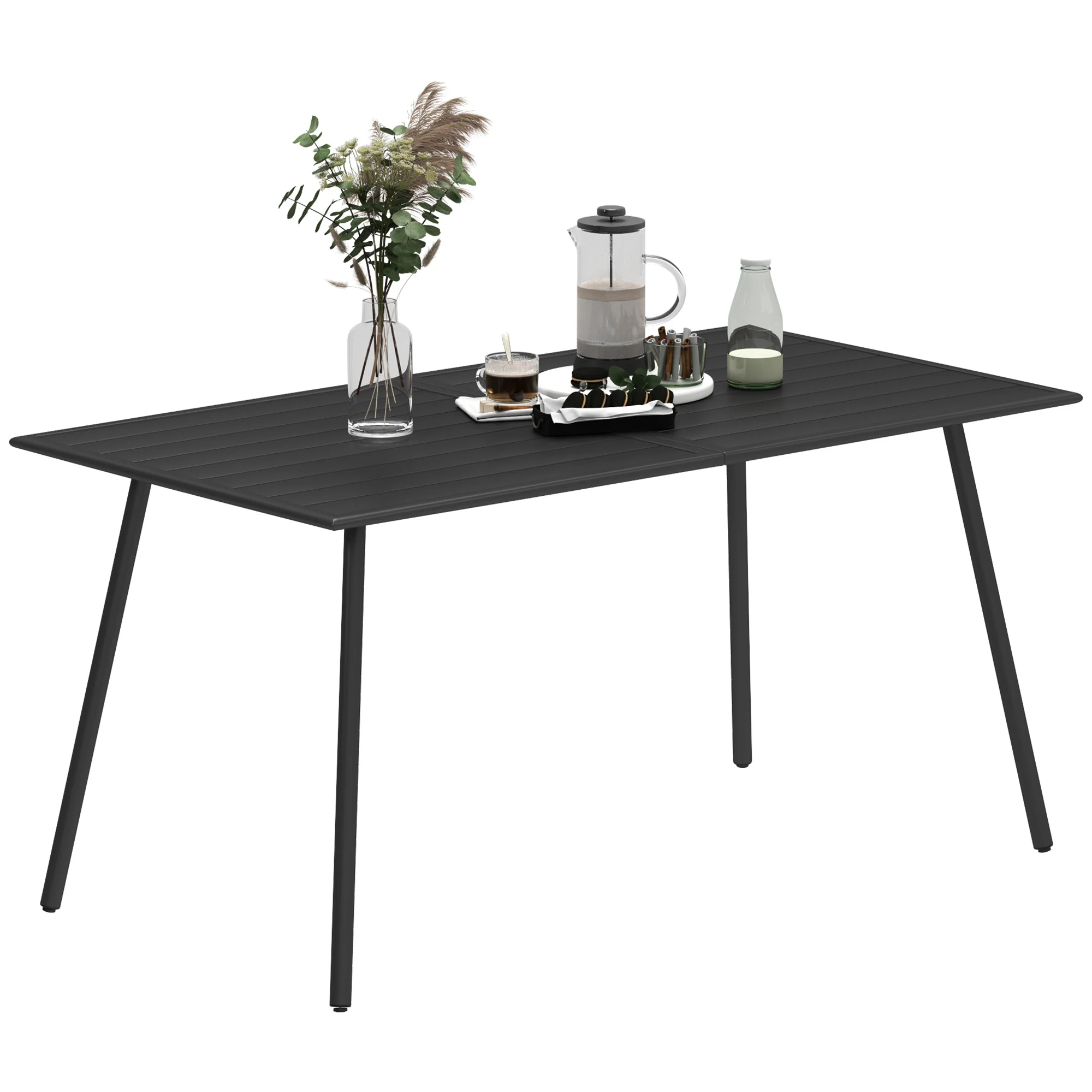 Garden Table for 6 Person, Rectangle Outdoor Table with Easy Clean Slat Top, Rust Resistant Steel Frame, for Deck, Balcony, 150 x 80 x 74 cm, Black