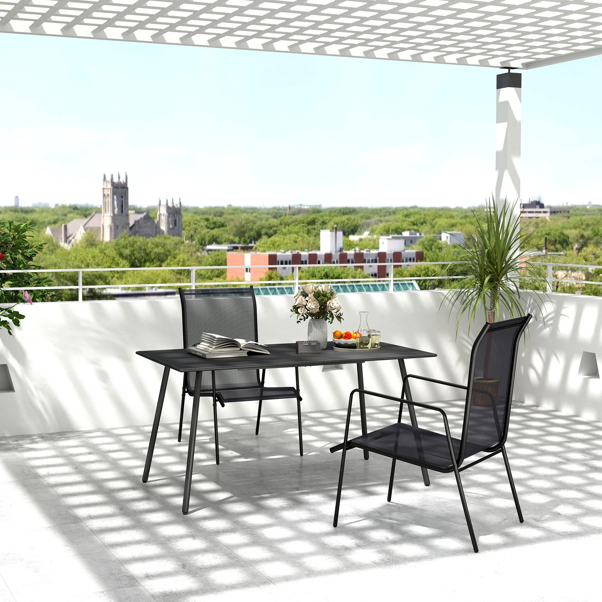Garden Table for 6 Person, Rectangle Outdoor Table with Easy Clean Slat Top, Rust Resistant Steel Frame, for Deck, Balcony, 150 x 80 x 74 cm, Black - Image 3