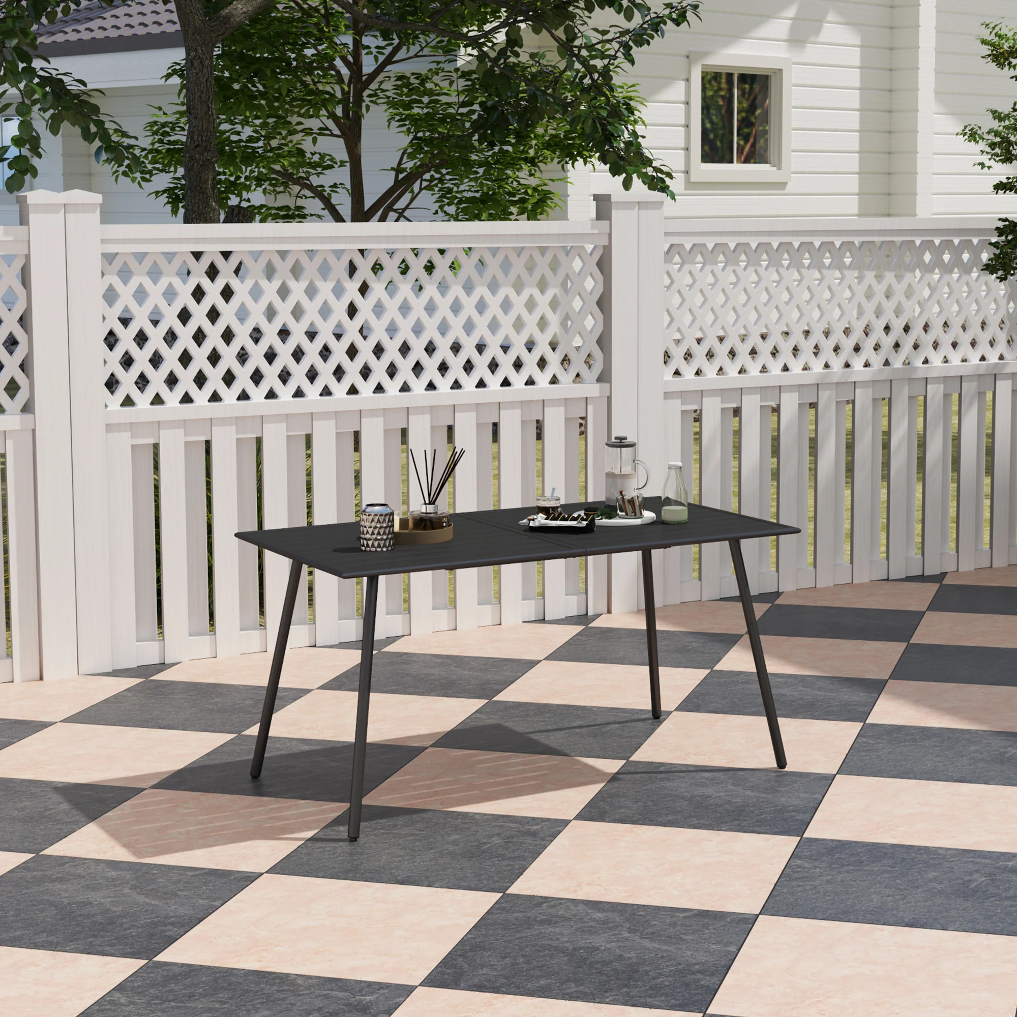 Garden Table for 6 Person, Rectangle Outdoor Table with Easy Clean Slat Top, Rust Resistant Steel Frame, for Deck, Balcony, 150 x 80 x 74 cm, Black - Image 4