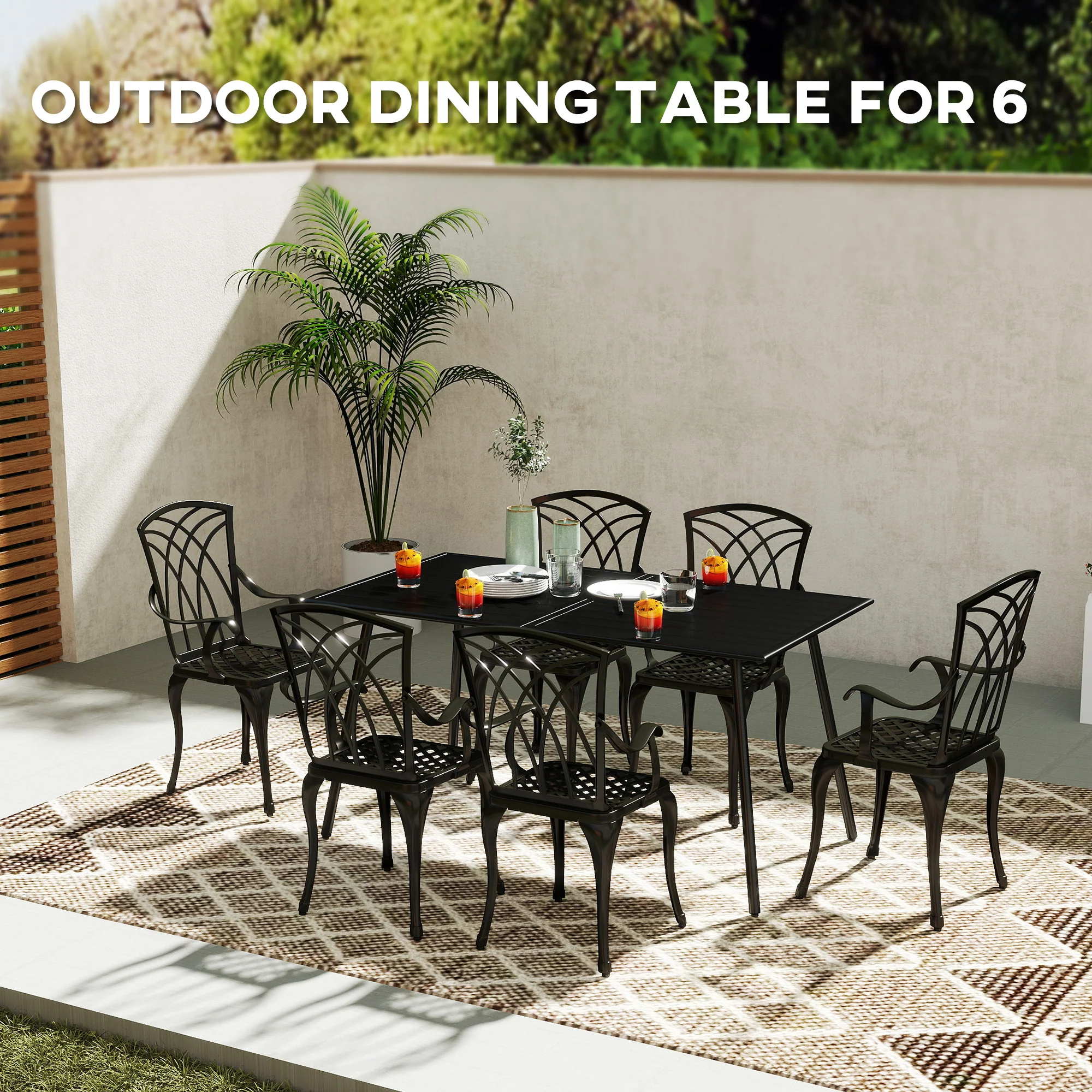 Garden Table for 6 Person, Rectangle Outdoor Table with Easy Clean Slat Top, Rust Resistant Steel Frame, for Deck, Balcony, 150 x 80 x 74 cm, Black - Image 6