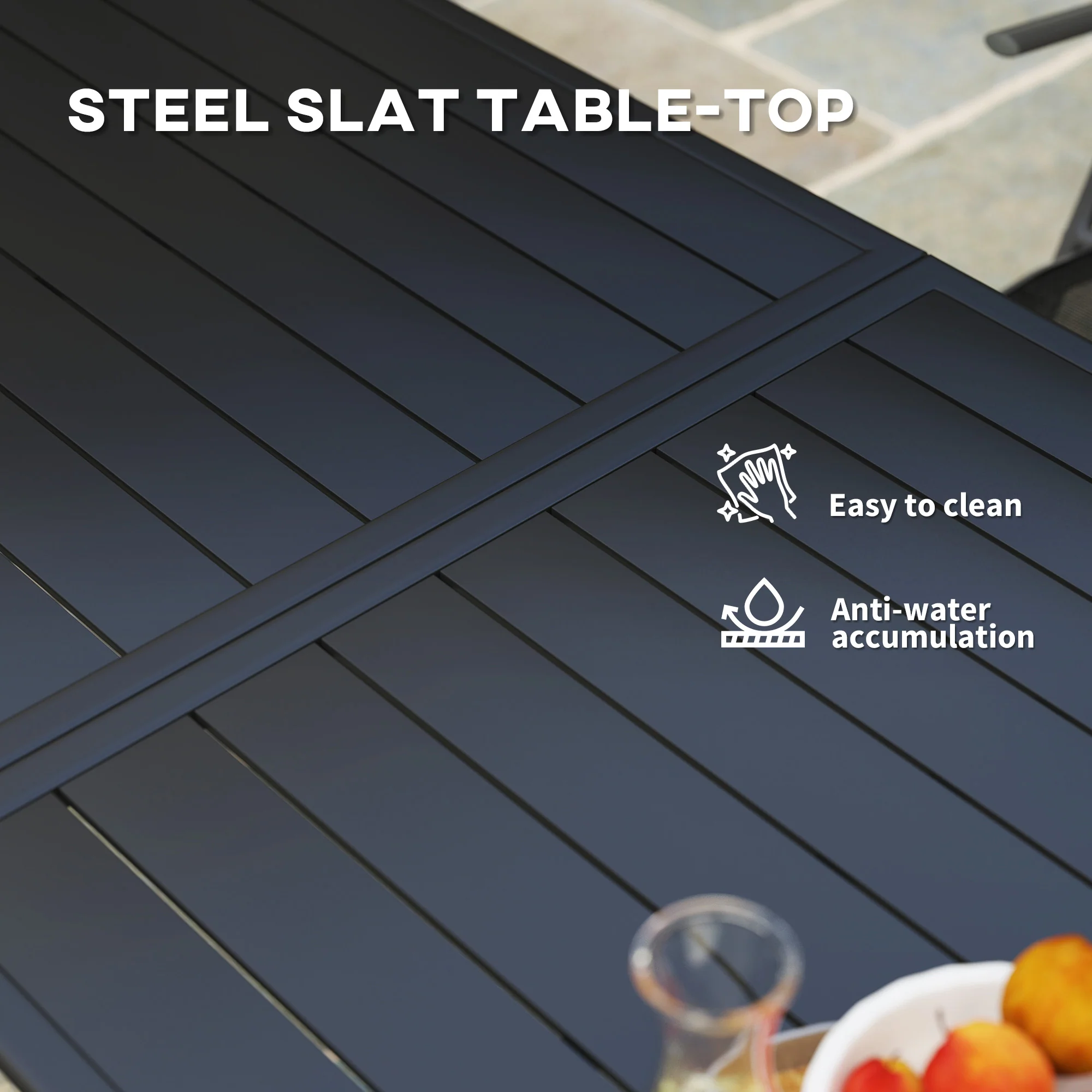 Garden Table for 6 Person, Rectangle Outdoor Table with Easy Clean Slat Top, Rust Resistant Steel Frame, for Deck, Balcony, 150 x 80 x 74 cm, Black - Image 7