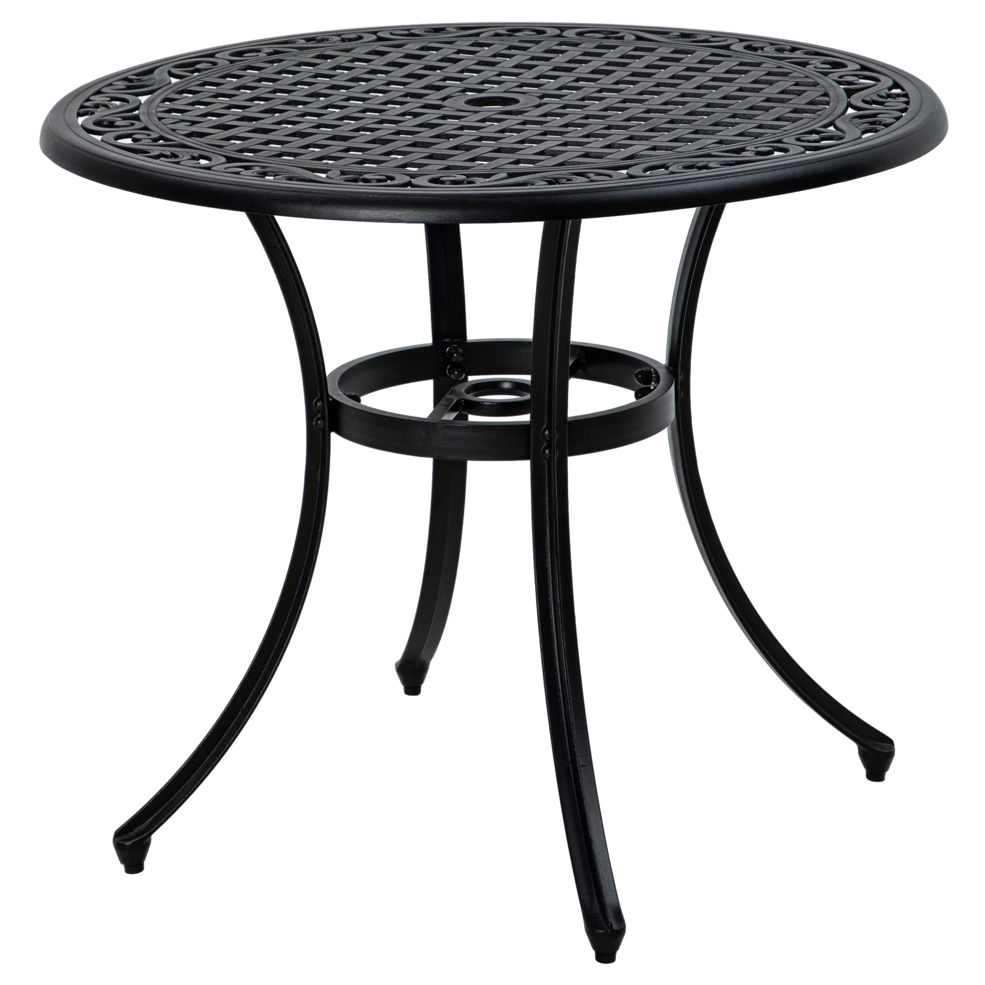 Garden Table with Parasol Hole, 90cm Round Outdoor Dining Table for 2-4, Cast Aluminium Bistro Coffee Table for Balcony - Black - Image 12