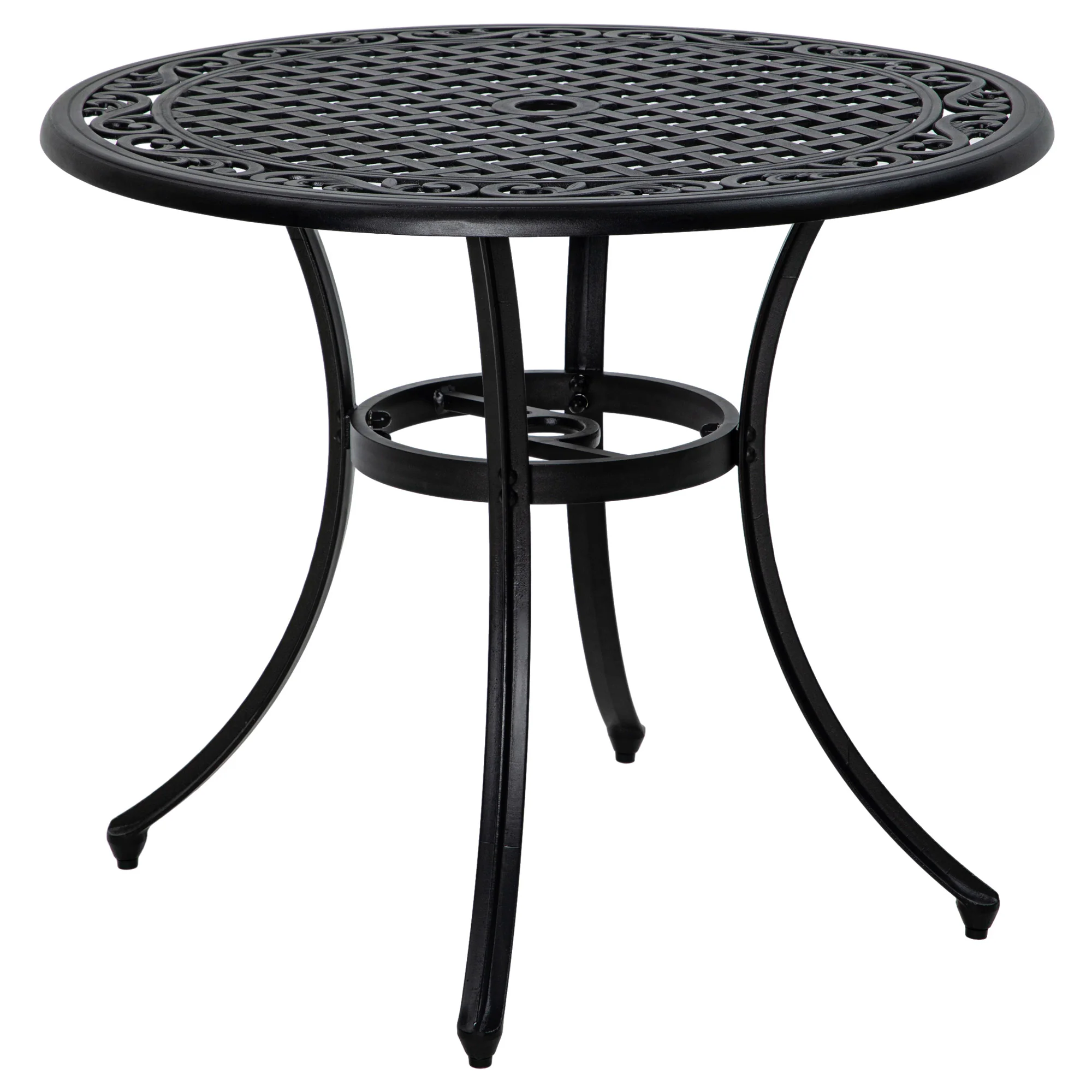 Garden Table with Parasol Hole, 90cm Round Outdoor Dining Table for 2-4, Cast Aluminium Bistro Coffee Table for Balcony - Black - Image 2