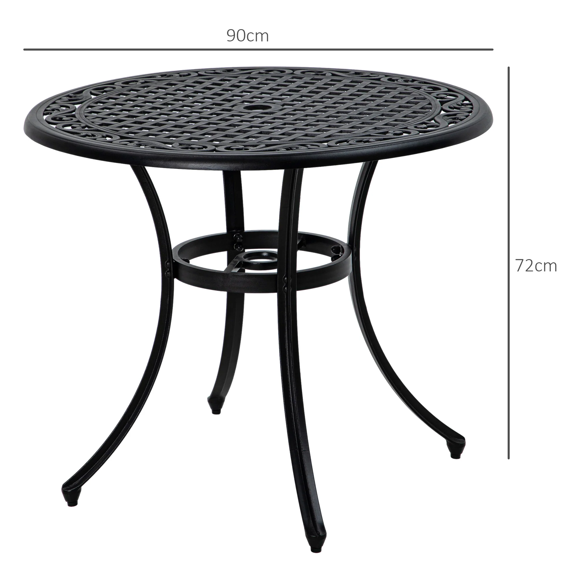Garden Table with Parasol Hole, 90cm Round Outdoor Dining Table for 2-4, Cast Aluminium Bistro Coffee Table for Balcony - Black - Image 5