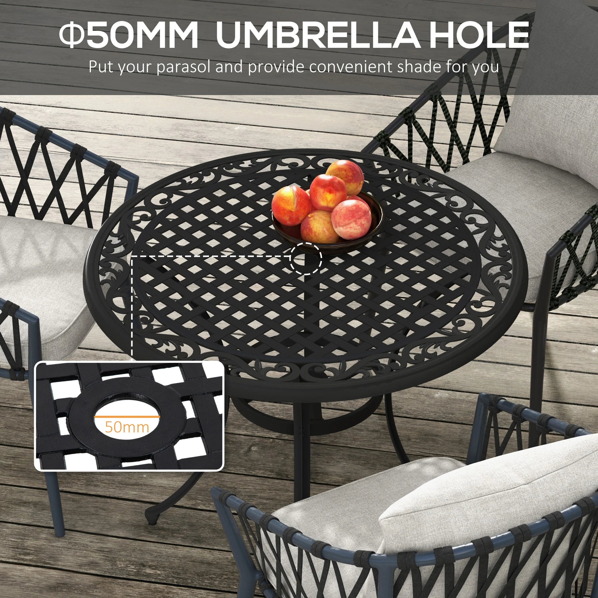 Garden Table with Parasol Hole, 90cm Round Outdoor Dining Table for 2-4, Cast Aluminium Bistro Coffee Table for Balcony - Black - Image 6