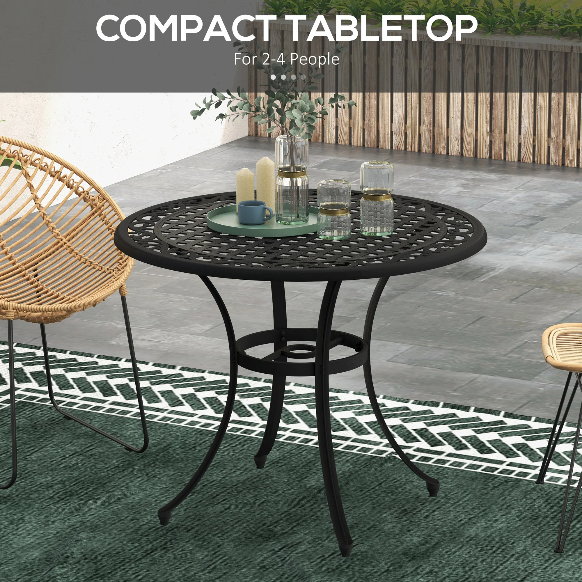 Garden Table with Parasol Hole, 90cm Round Outdoor Dining Table for 2-4, Cast Aluminium Bistro Coffee Table for Balcony - Black - Image 7