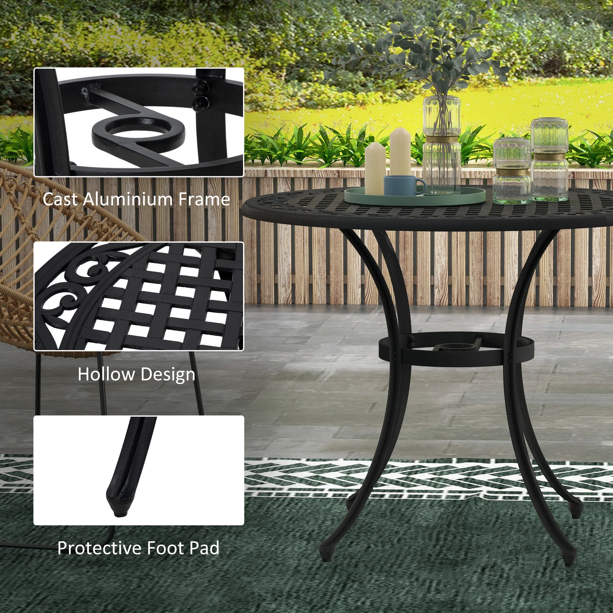 Garden Table with Parasol Hole, 90cm Round Outdoor Dining Table for 2-4, Cast Aluminium Bistro Coffee Table for Balcony - Black - Image 8
