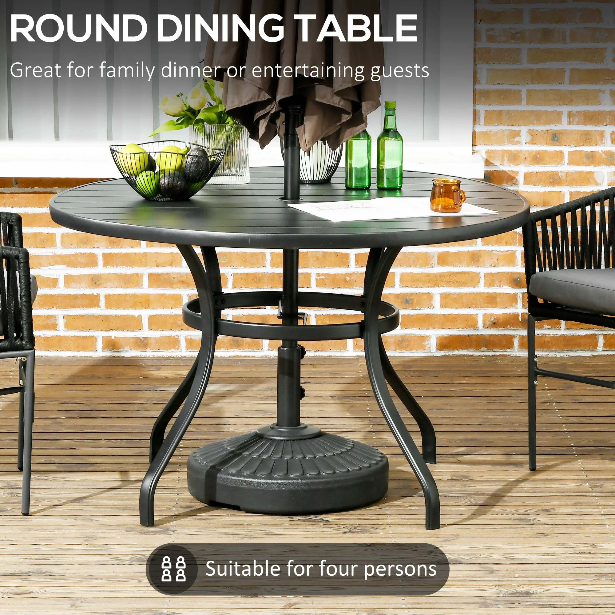 Garden Table with Parasol Hole, Outdoor Dining Garden Table for Four Persons, Round Patio Table with Slatted Metal Top, Black - Image 6