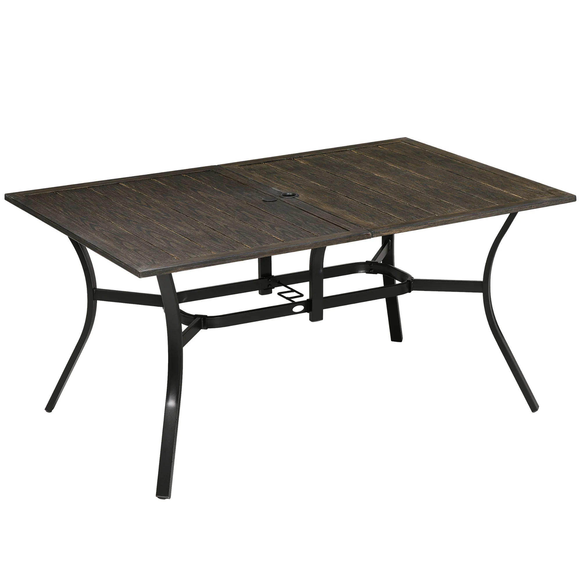 Garden Table with Parasol Hole, Outdoor Garden Dining Table with Wood Grain Tabletop and Steel Frame for Patio, Deck, Balcony, Brown, 150 x 96 x 73cm - Image 12