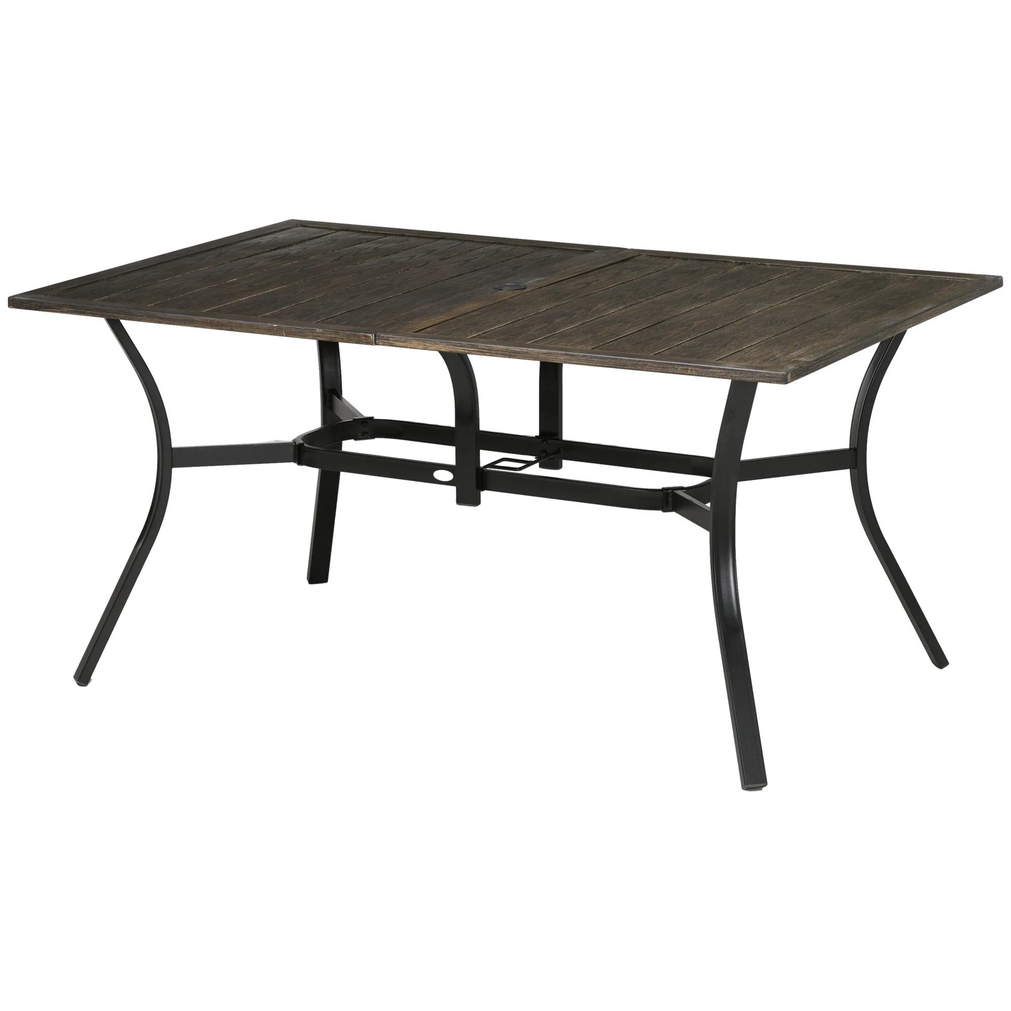Garden Table with Parasol Hole, Outdoor Garden Dining Table with Wood Grain Tabletop and Steel Frame for Patio, Deck, Balcony, Brown, 150 x 96 x 73cm - Image 2