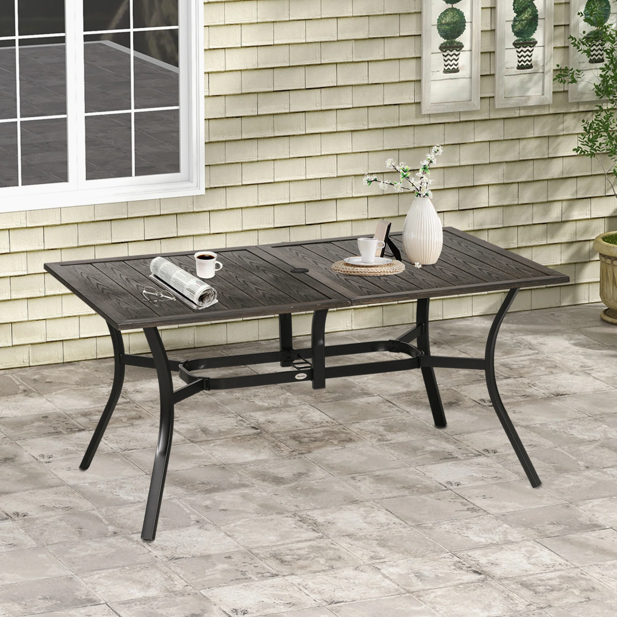Garden Table with Parasol Hole, Outdoor Garden Dining Table with Wood Grain Tabletop and Steel Frame for Patio, Deck, Balcony, Brown, 150 x 96 x 73cm - Image 3