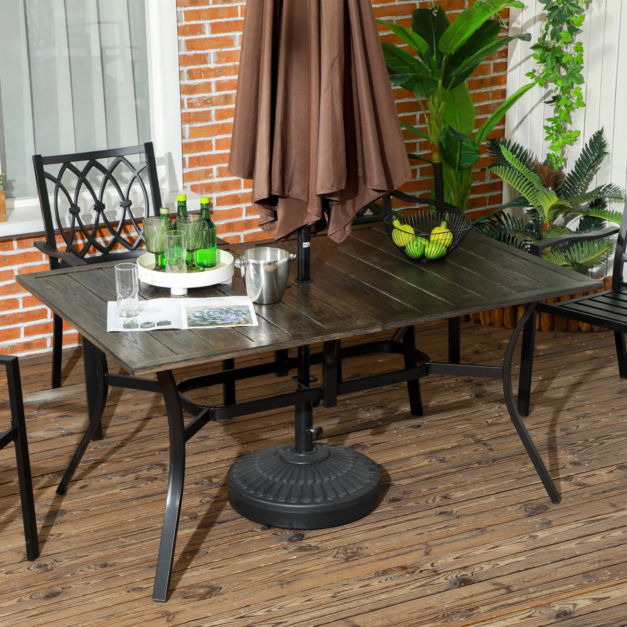 Garden Table with Parasol Hole, Outdoor Garden Dining Table with Wood Grain Tabletop and Steel Frame for Patio, Deck, Balcony, Brown, 150 x 96 x 73cm - Image 4