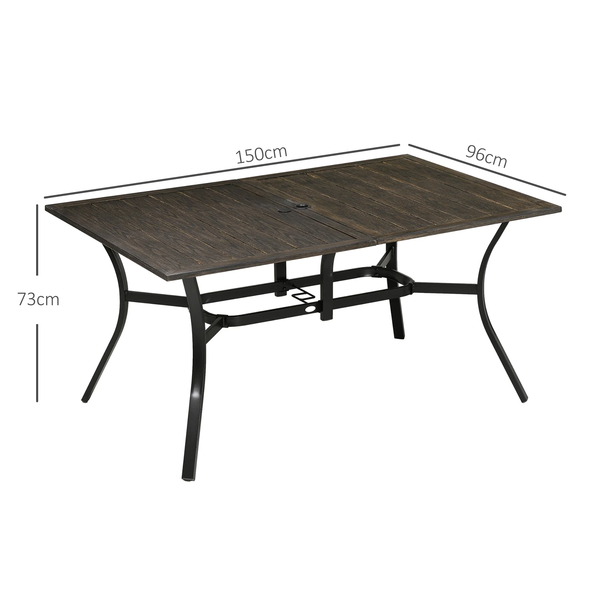 Garden Table with Parasol Hole, Outdoor Garden Dining Table with Wood Grain Tabletop and Steel Frame for Patio, Deck, Balcony, Brown, 150 x 96 x 73cm - Image 5