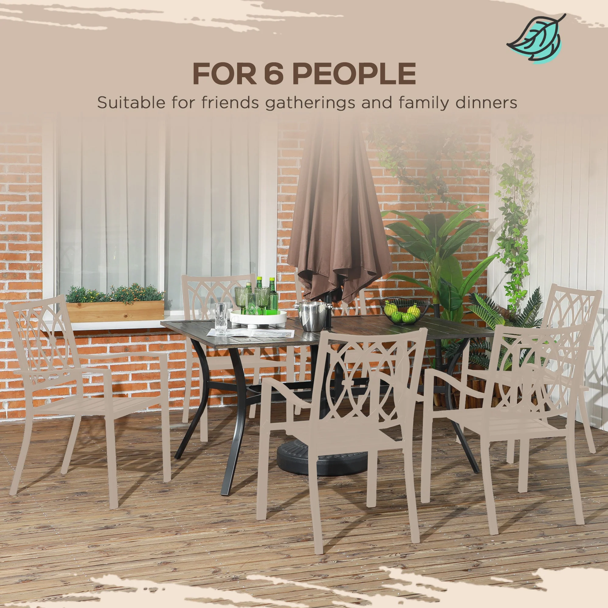 Garden Table with Parasol Hole, Outdoor Garden Dining Table with Wood Grain Tabletop and Steel Frame for Patio, Deck, Balcony, Brown, 150 x 96 x 73cm - Image 6