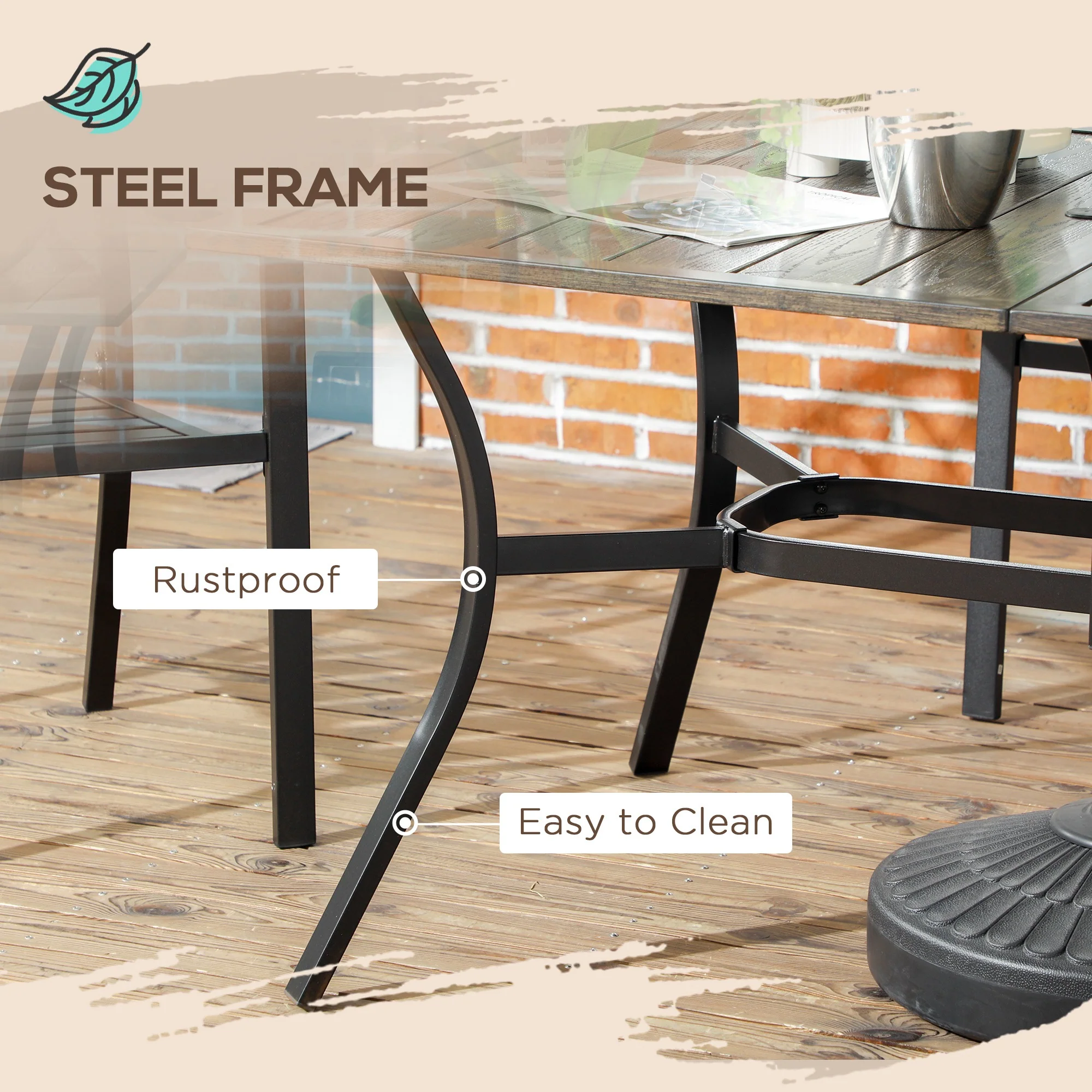 Garden Table with Parasol Hole, Outdoor Garden Dining Table with Wood Grain Tabletop and Steel Frame for Patio, Deck, Balcony, Brown, 150 x 96 x 73cm - Image 7