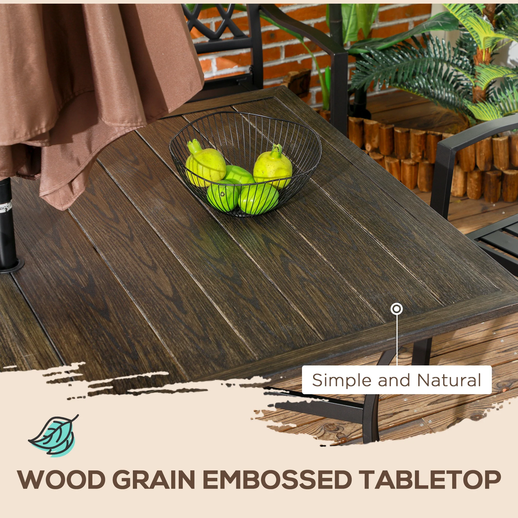 Garden Table with Parasol Hole, Outdoor Garden Dining Table with Wood Grain Tabletop and Steel Frame for Patio, Deck, Balcony, Brown, 150 x 96 x 73cm - Image 8