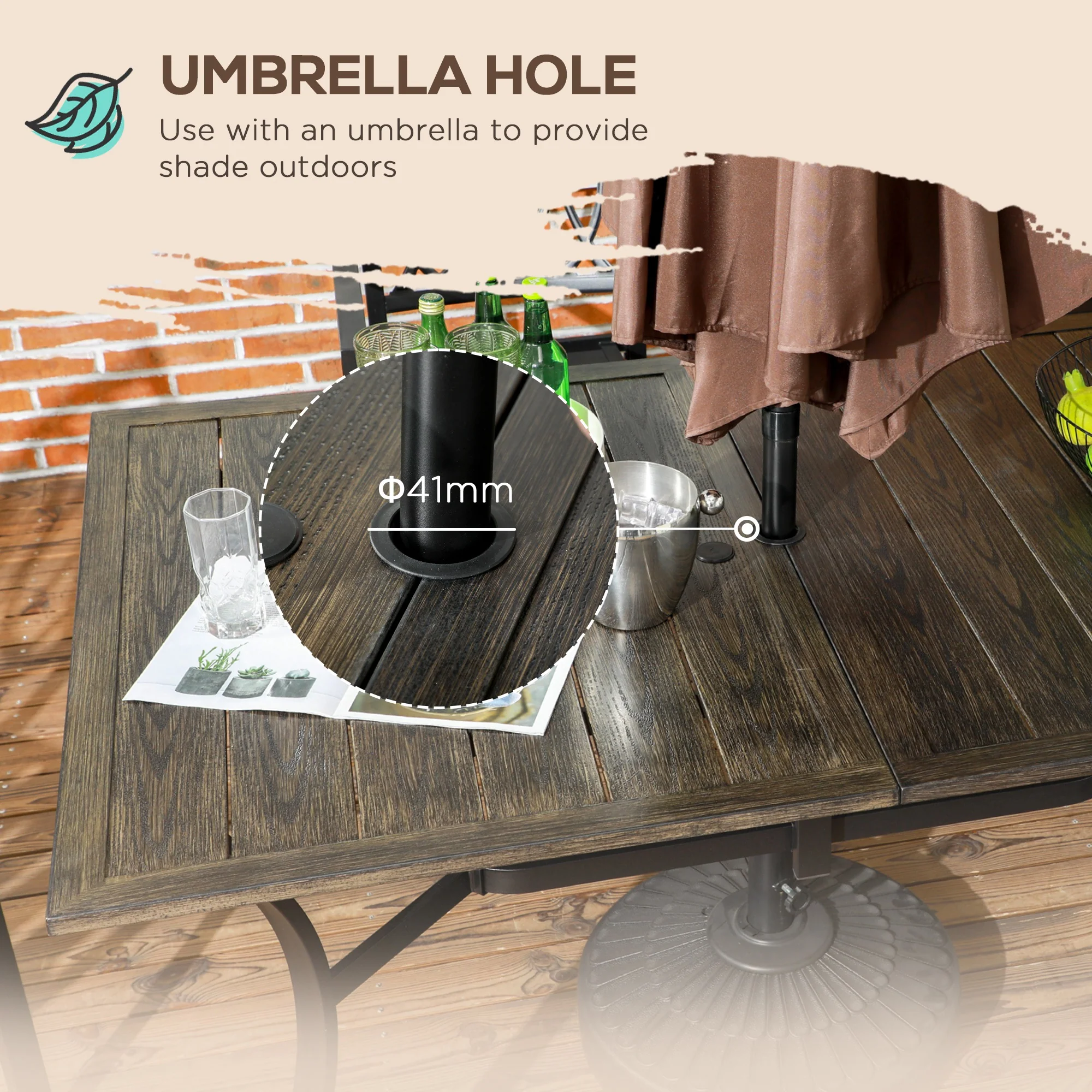 Garden Table with Parasol Hole, Outdoor Garden Dining Table with Wood Grain Tabletop and Steel Frame for Patio, Deck, Balcony, Brown, 150 x 96 x 73cm - Image 9
