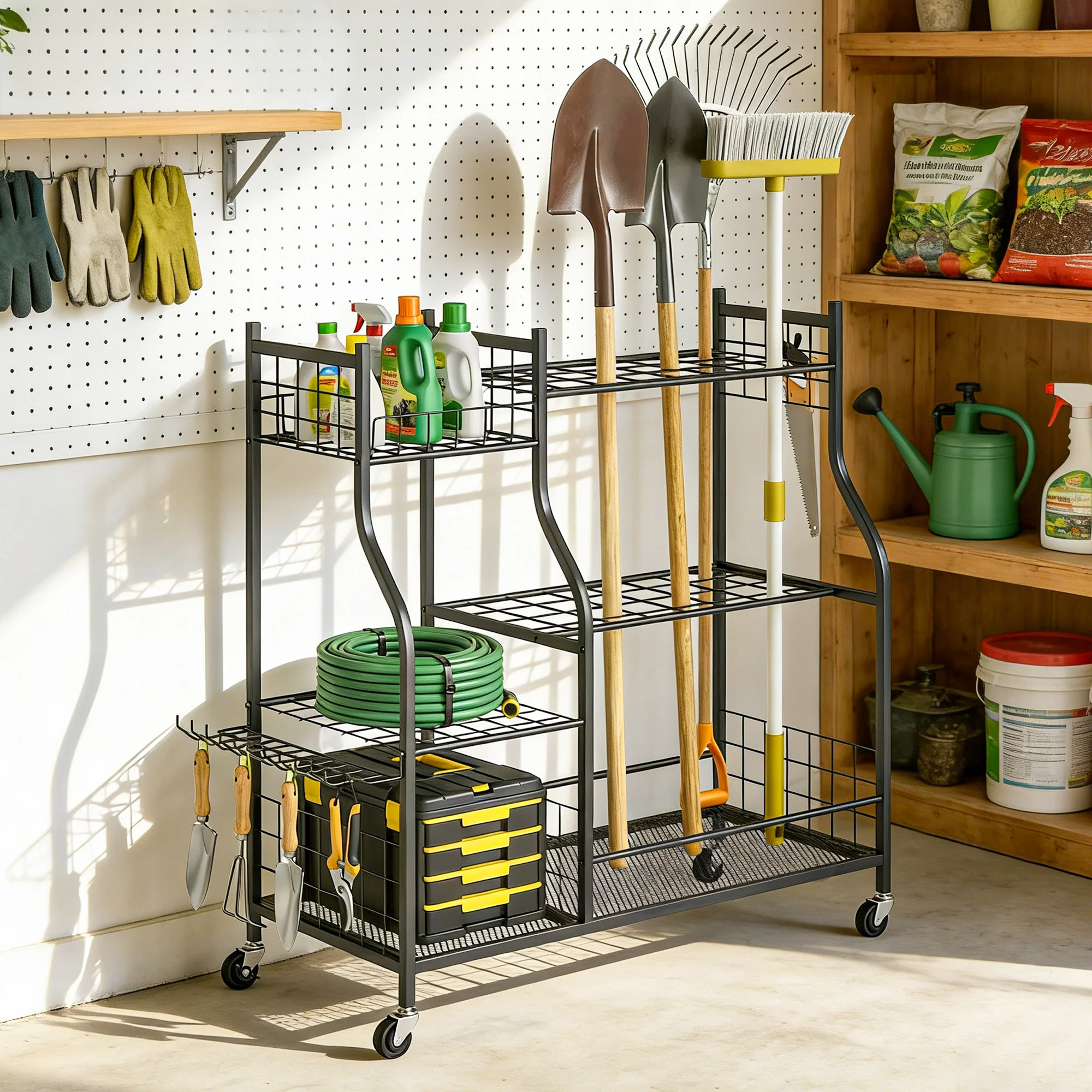 Garden Tool Organizer with 74 Slots, 4 Wheels and 11 Hooks, Black - Image 4